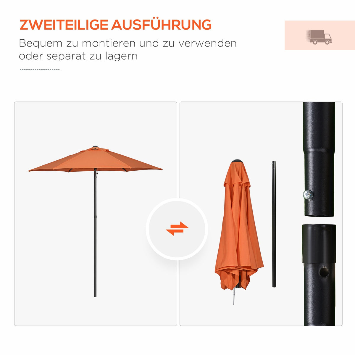 Parasol Ø196 cm, rotating parasol with folding function, hexagonal balcony umbrella, beach umbrella, windproof, stable market umbrella, crank umbrella, sun protection for beach, balcony, garden, orange