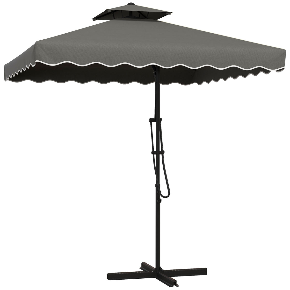 Parasol 243X243Cm Balcony Umbrella With Uv Protection, Cantilever Umbrella With Double Roof & Cross Base, Ruffles, 4 Struts, Dark Grey