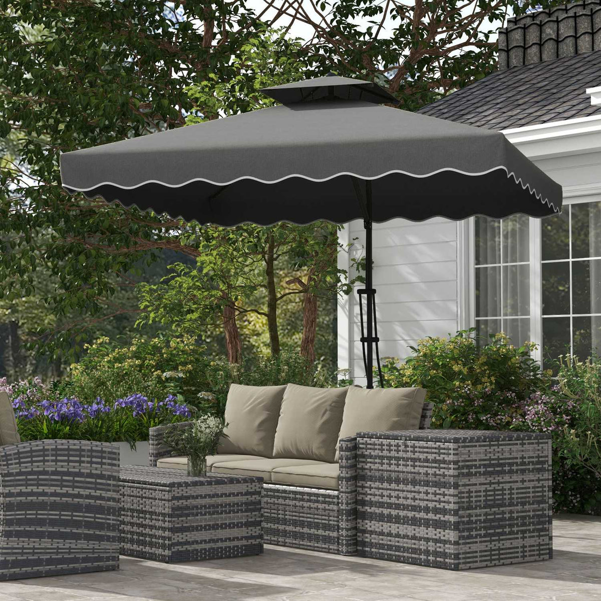 Parasol 243X243Cm Balcony Umbrella With Uv Protection, Cantilever Umbrella With Double Roof & Cross Base, Ruffles, 4 Struts, Dark Grey