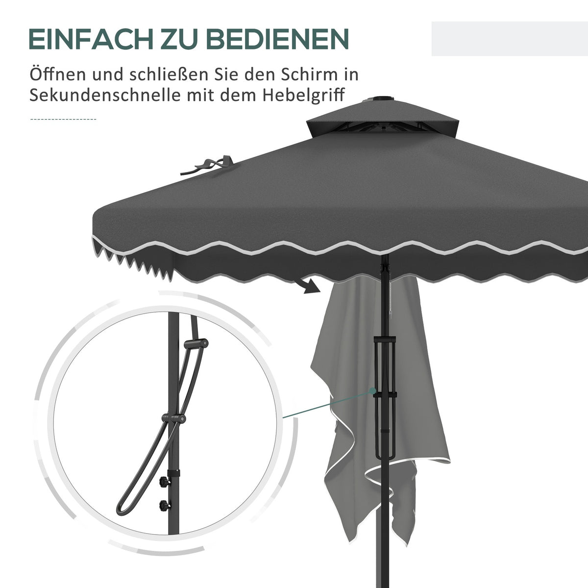 Parasol 243X243Cm Balcony Umbrella With Uv Protection, Cantilever Umbrella With Double Roof & Cross Base, Ruffles, 4 Struts, Dark Grey