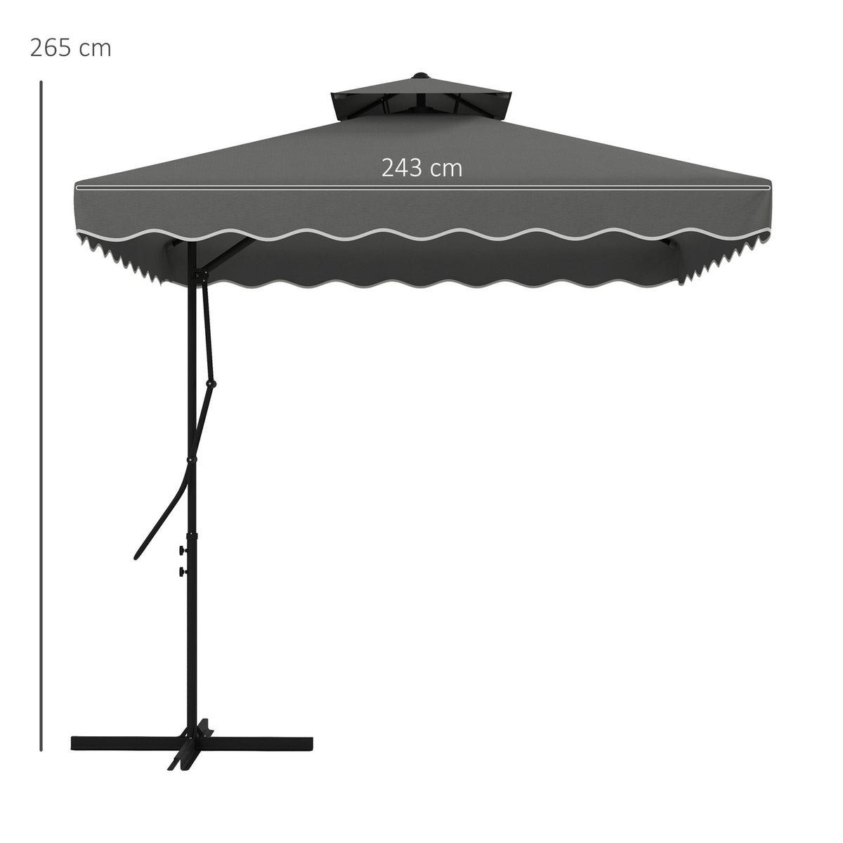 Parasol 243X243Cm Balcony Umbrella With Uv Protection, Cantilever Umbrella With Double Roof & Cross Base, Ruffles, 4 Struts, Dark Grey