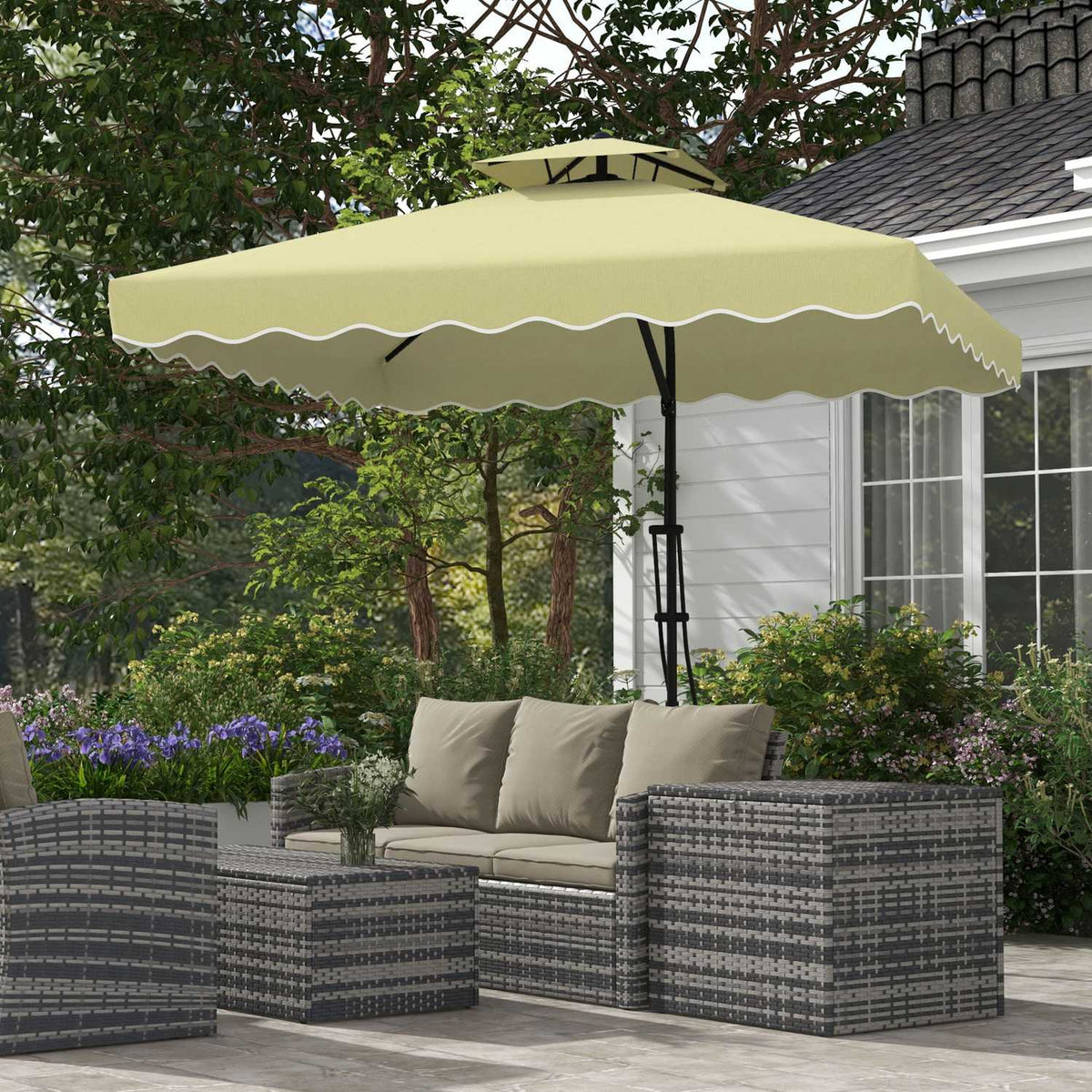 Parasol 243X243Cm Balcony Umbrella With Uv Protection, Cantilever Umbrella With Double Roof & Cross Base, Ruffles, 4 Struts, Metal