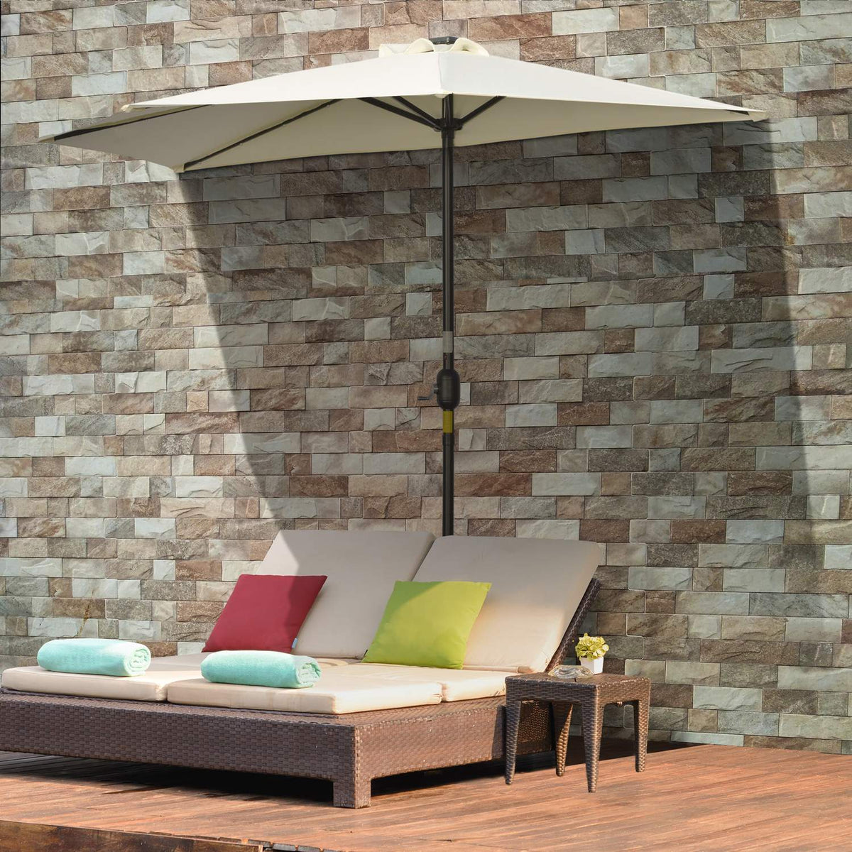 Parasol 265 X 240 Cm Half Umbrella Balcony Umbrella With Led Half Round Patio Umbrella With Hand Crank Solar Panel For Garden Metal Beige