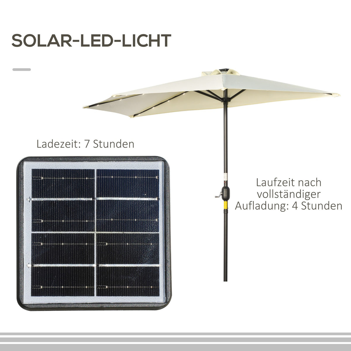 Parasol 265 X 240 Cm Half Umbrella Balcony Umbrella With Led Half Round Patio Umbrella With Hand Crank Solar Panel For Garden Metal Beige
