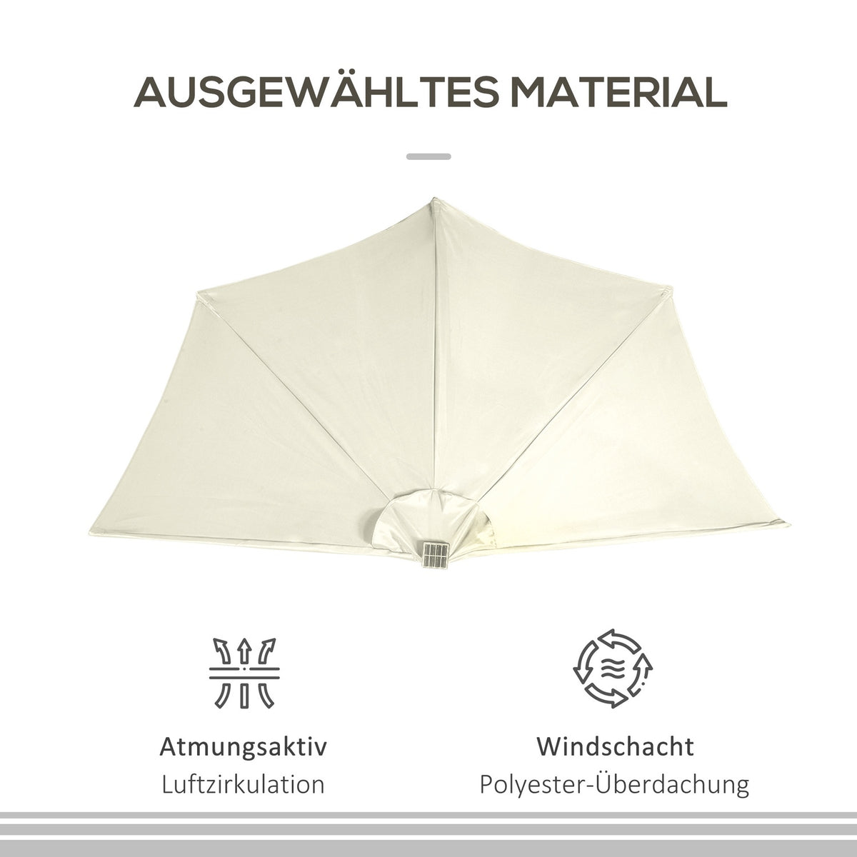 Parasol 265 X 240 Cm Half Umbrella Balcony Umbrella With Led Half Round Patio Umbrella With Hand Crank Solar Panel For Garden Metal Beige