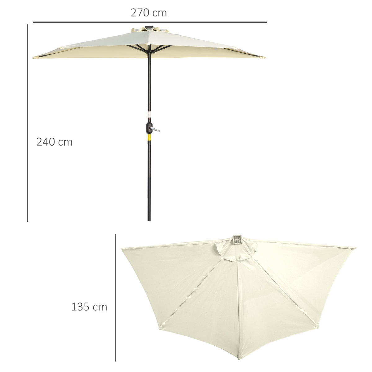 Parasol 265 X 240 Cm Half Umbrella Balcony Umbrella With Led Half Round Patio Umbrella With Hand Crank Solar Panel For Garden Metal Beige