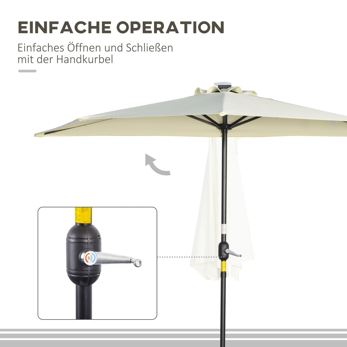 Parasol 265 X 240 Cm Half Umbrella Balcony Umbrella With Led Half Round Patio Umbrella With Hand Crank Solar Panel For Garden Metal Beige