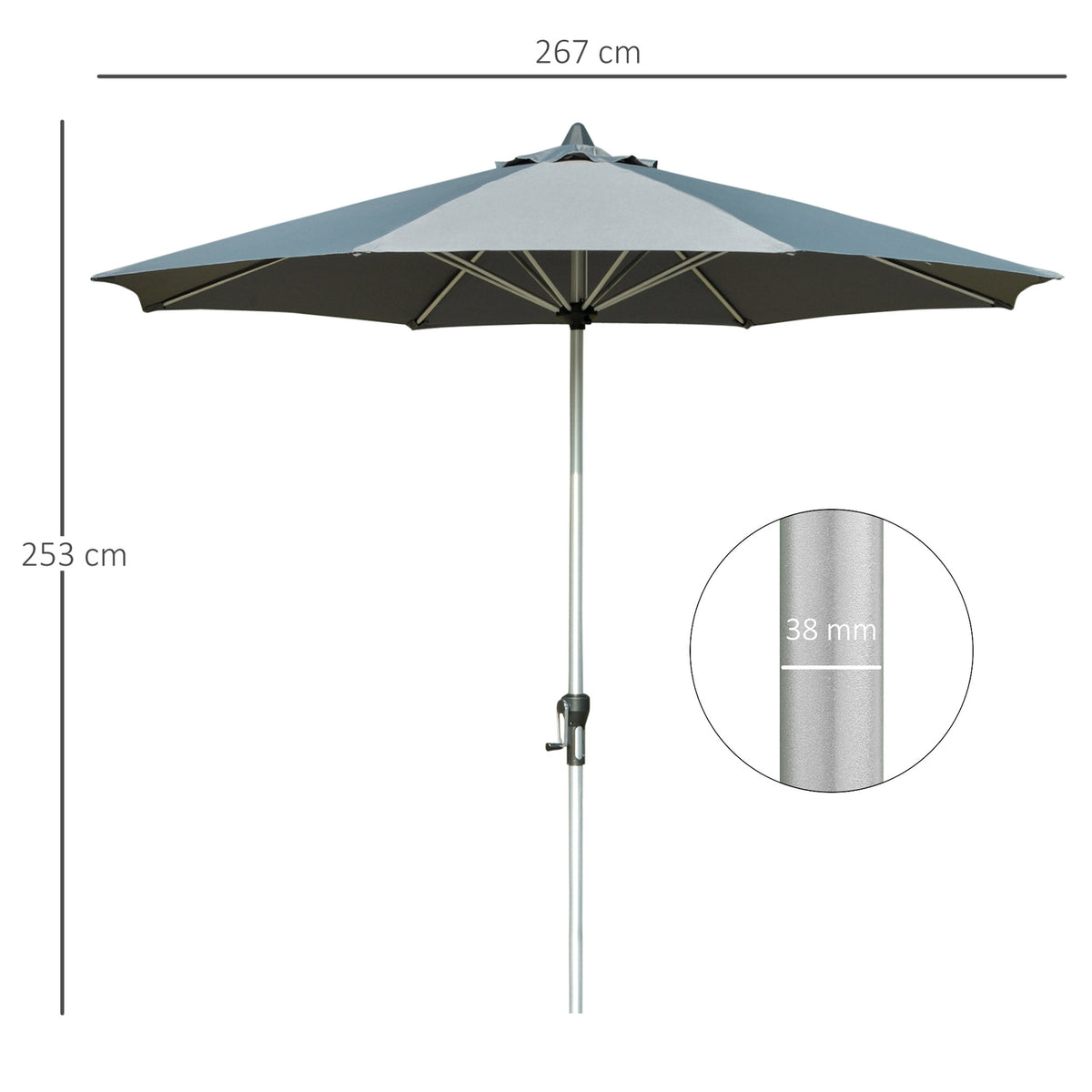 Parasol 2.7M Balcony Market Umbrella 8 Ribs Sun Protection Aluminum Polyester Dark Gray