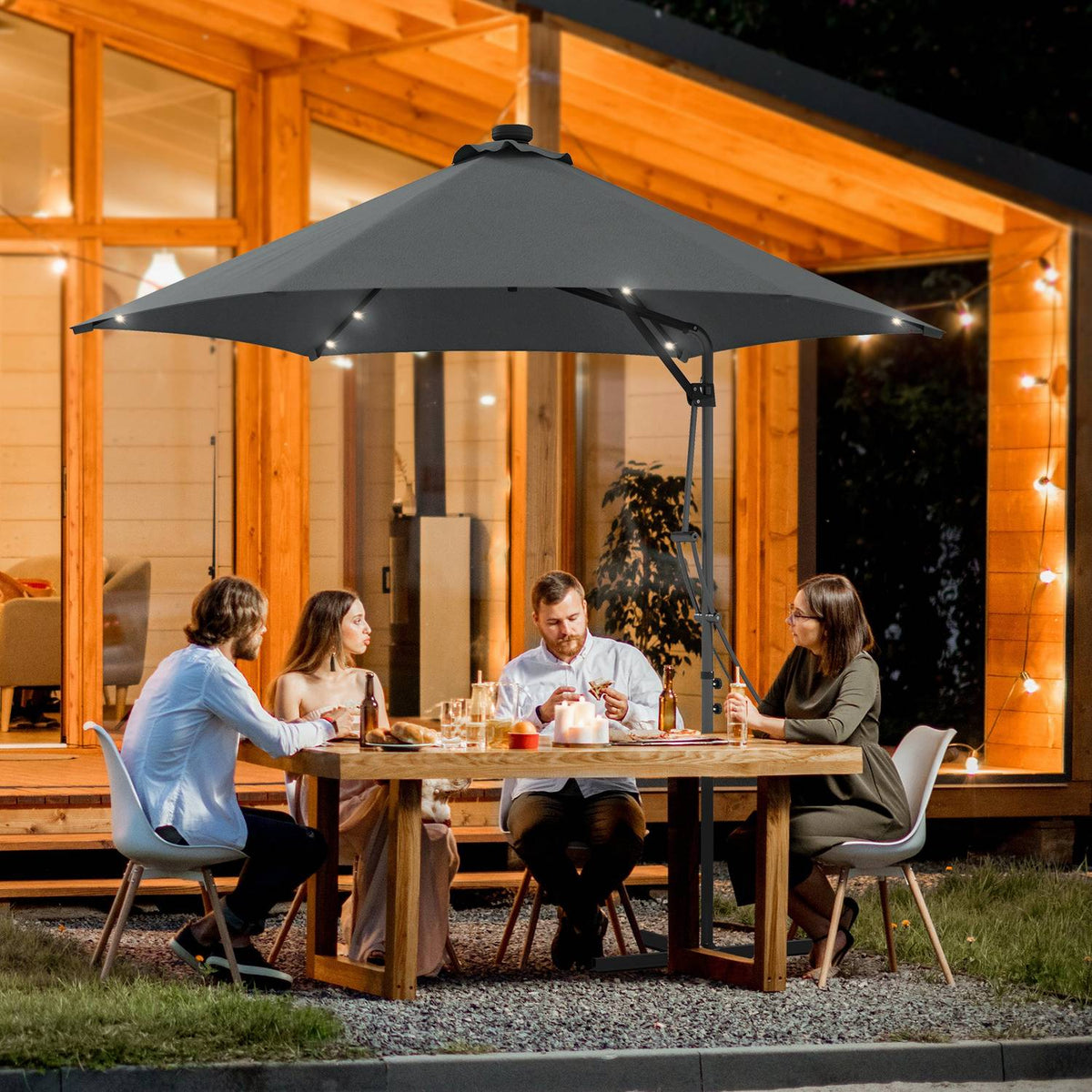 Parasol, Ø290 Cm Cantilever Umbrella With Uv Protection, Led Balcony Umbrella With Cross Base, Patio Umbrella With Protective Cover, Steel, Dark Gray