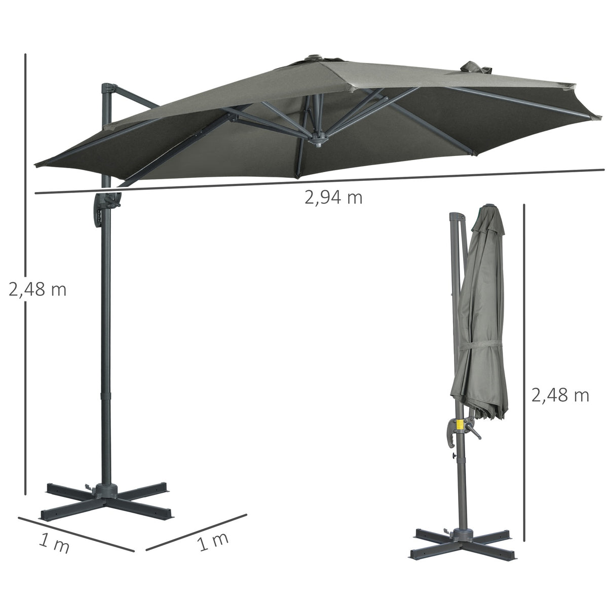 Parasol 294X294Cm Rotating Cantilever Umbrella With Umbrella Stand, Crank, Aluminum, For Garden/Balcony, Grey