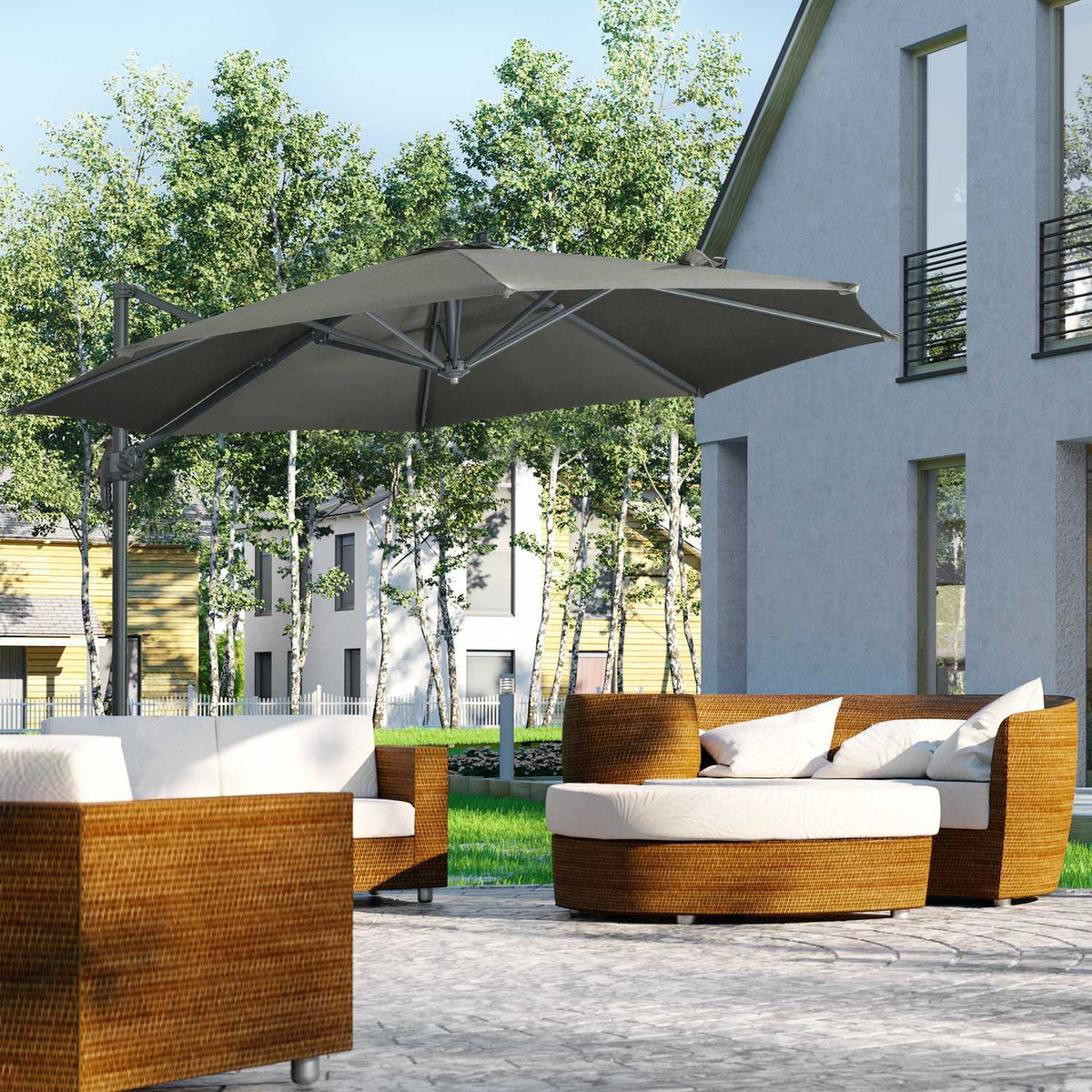 Parasol 294X294Cm Rotating Cantilever Umbrella With Umbrella Stand, Crank, Aluminum, For Garden/Balcony, Grey