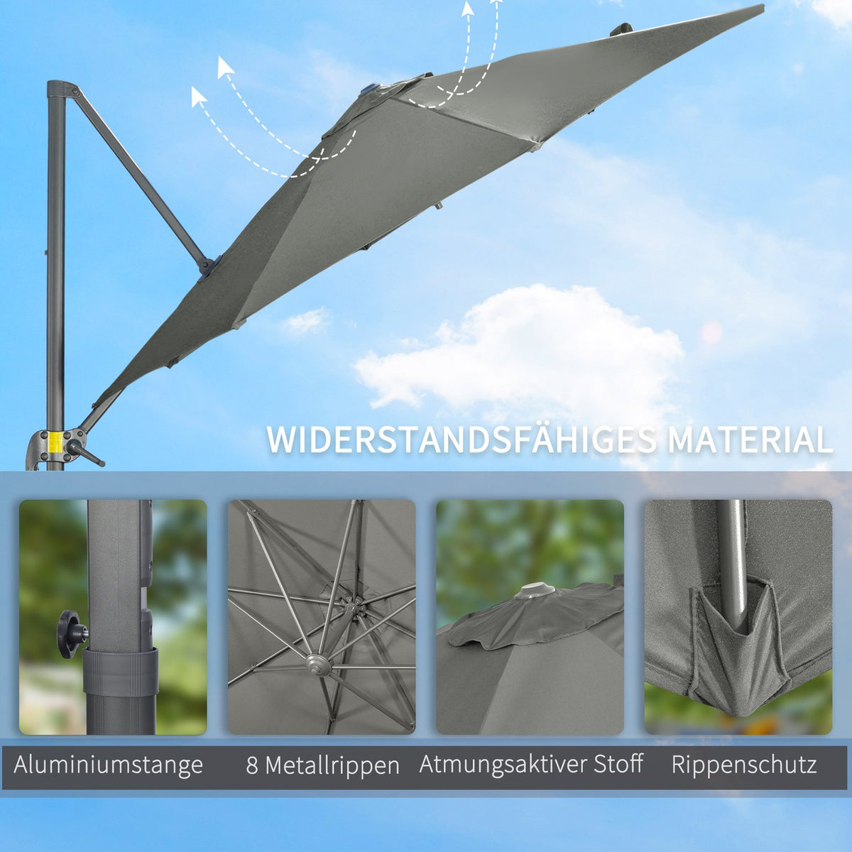 Parasol 294X294Cm Rotating Cantilever Umbrella With Umbrella Stand, Crank, Aluminum, For Garden/Balcony, Grey
