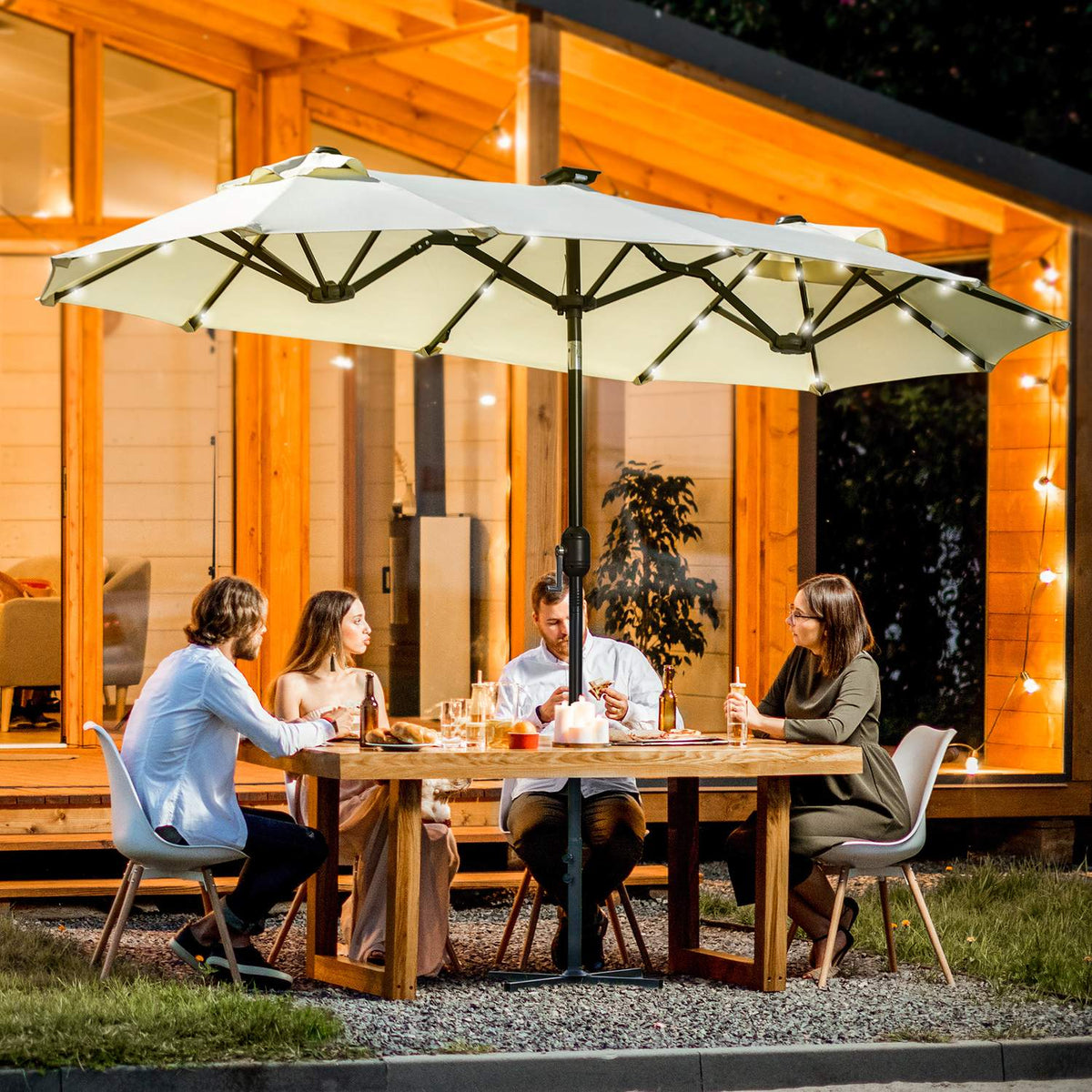 Parasol, 295 X 219Cm Double Parasol, Garden Umbrella With Led, Market Umbrella With Adjustable Tilt Angle, Polyester, Steel, Beige
