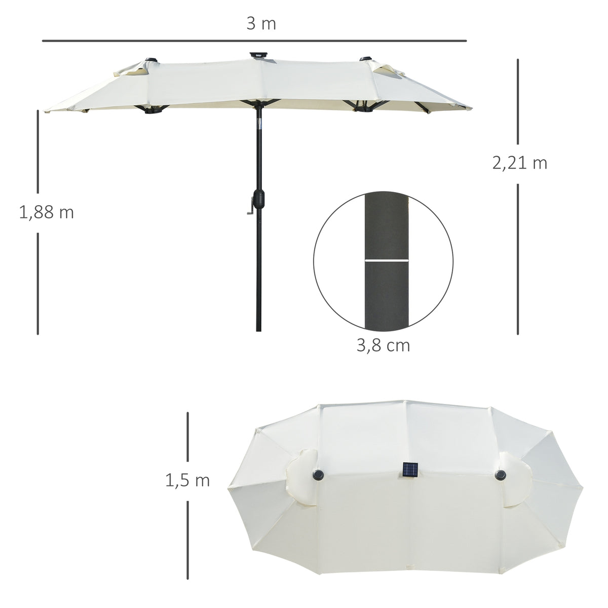 Parasol, 295 X 219Cm Double Parasol, Garden Umbrella With Led, Market Umbrella With Adjustable Tilt Angle, Polyester, Steel, Beige