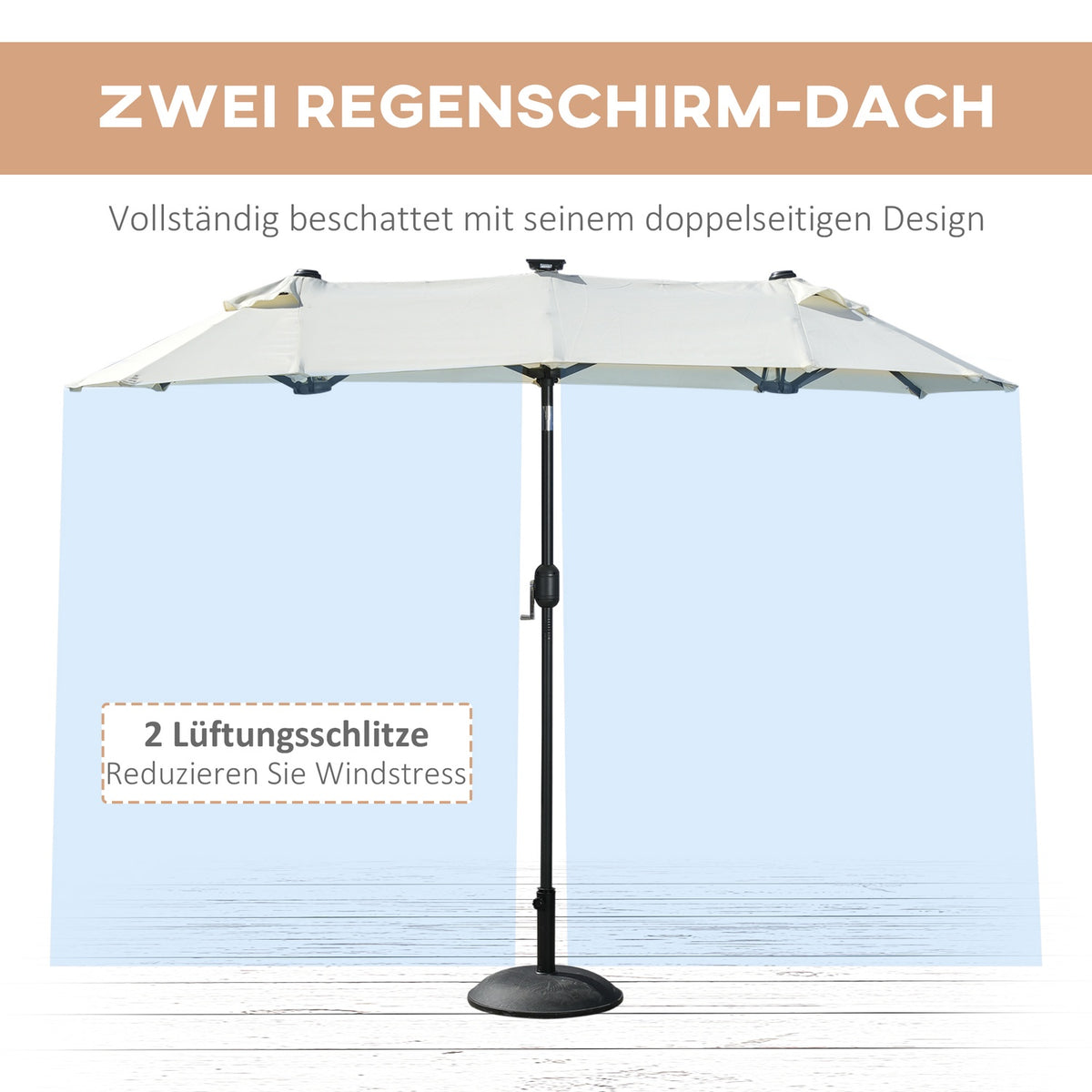 Parasol, 295 X 219Cm Double Parasol, Garden Umbrella With Led, Market Umbrella With Adjustable Tilt Angle, Polyester, Steel, Beige