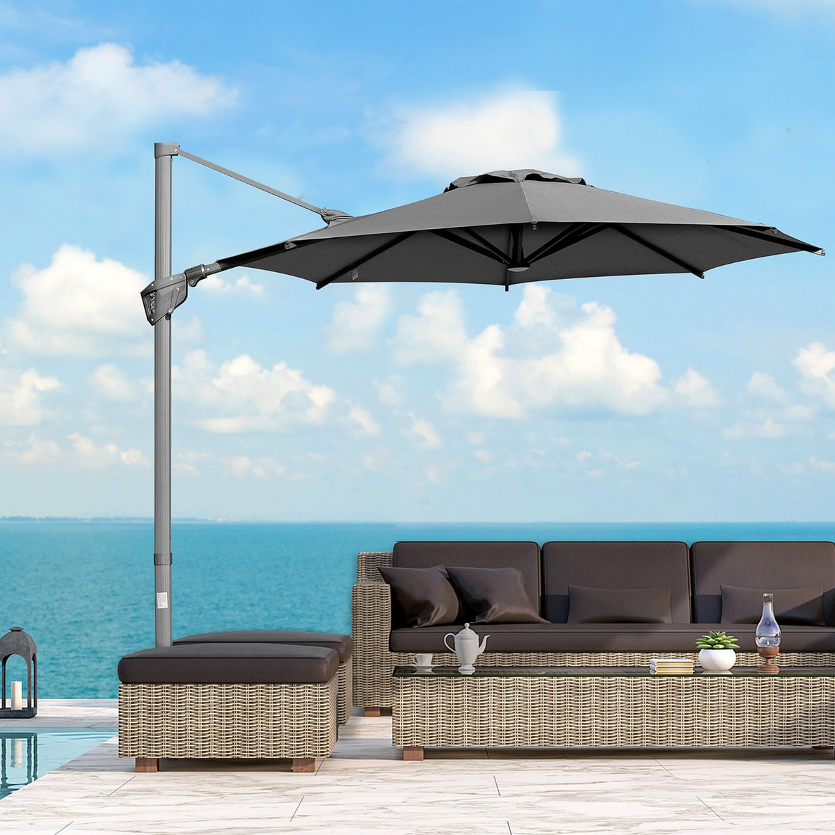 Parasol Ø300 Cm Crank Umbrella Cantilever Umbrella With Crank Device Sun Protection Aluminum Roma Umbrella Tilt Angle Adjustable Dark Gray