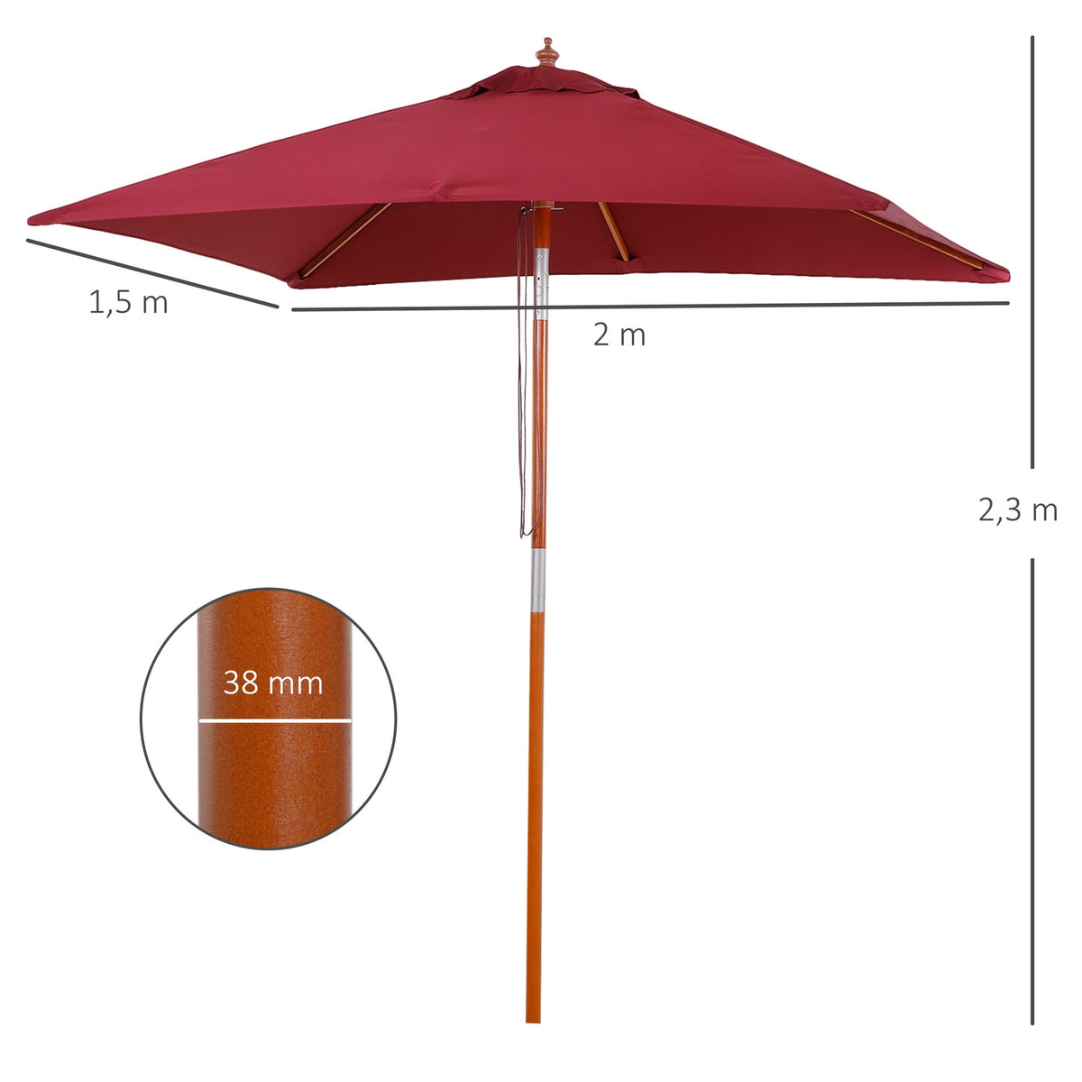 Parasol Balcony Cantilever Umbrella Made Of Fir Wood, Adjustable To 3 Levels, Wine Red, 200X150X230Cm
