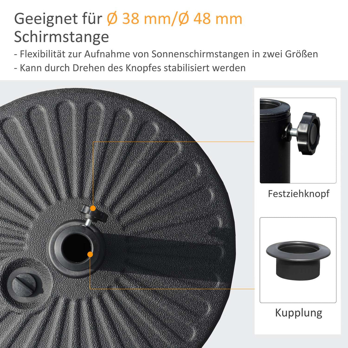 Parasol Base 22 Kg, For Ø38/48 Mm Parasol, Cement, Black, Ø51 X 12H Cm