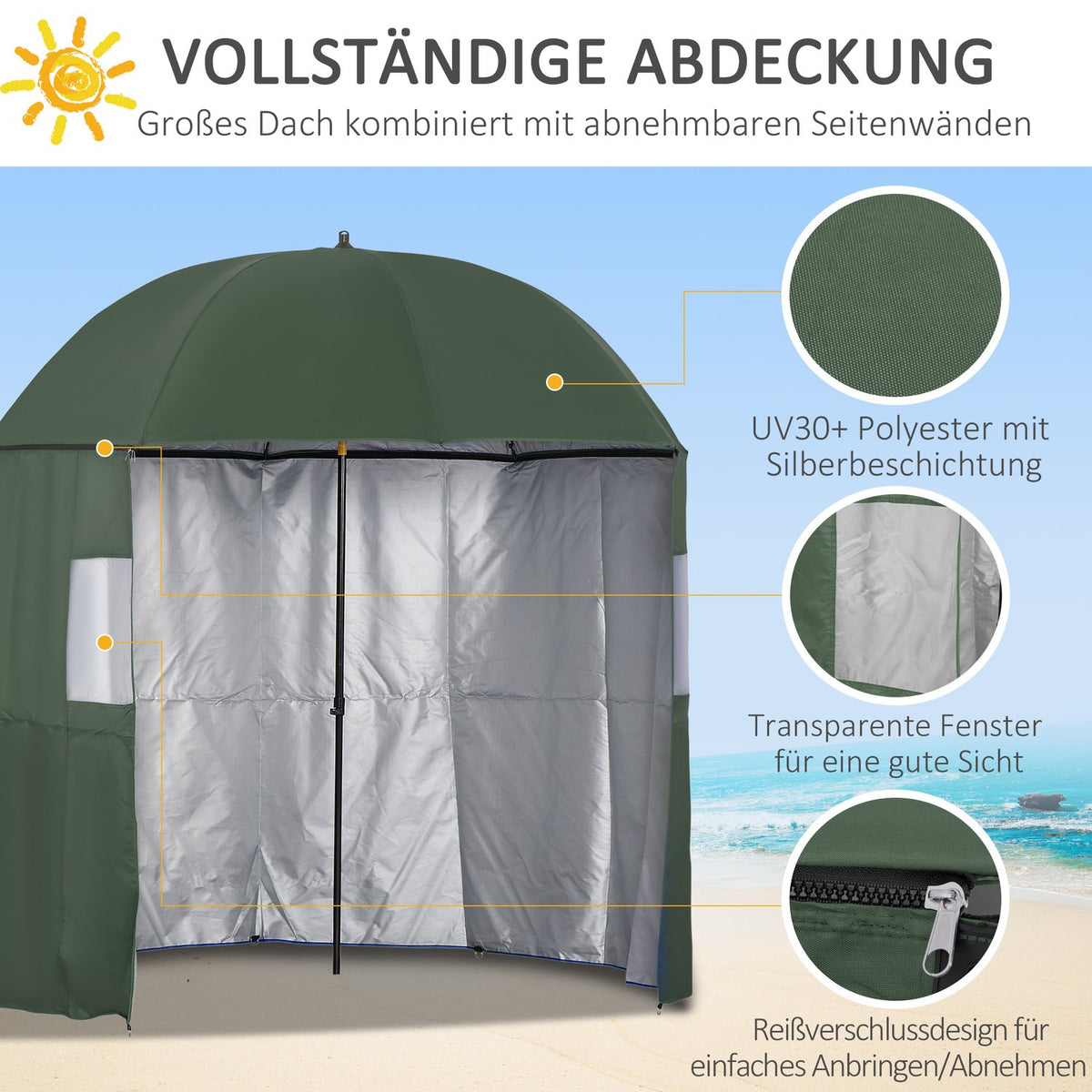 Parasol Beach 2.2 M Fishing Umbrella With Side Wall Beach Umbrella Umbrella Tent Sun Protection Polyester Green