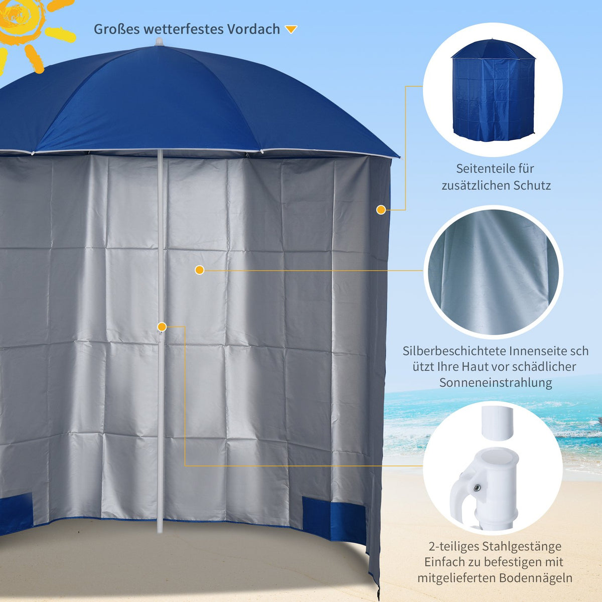 Parasol Beach Umbrella With Side Wall, Polyester, Blue, 2.2Xh2.2M