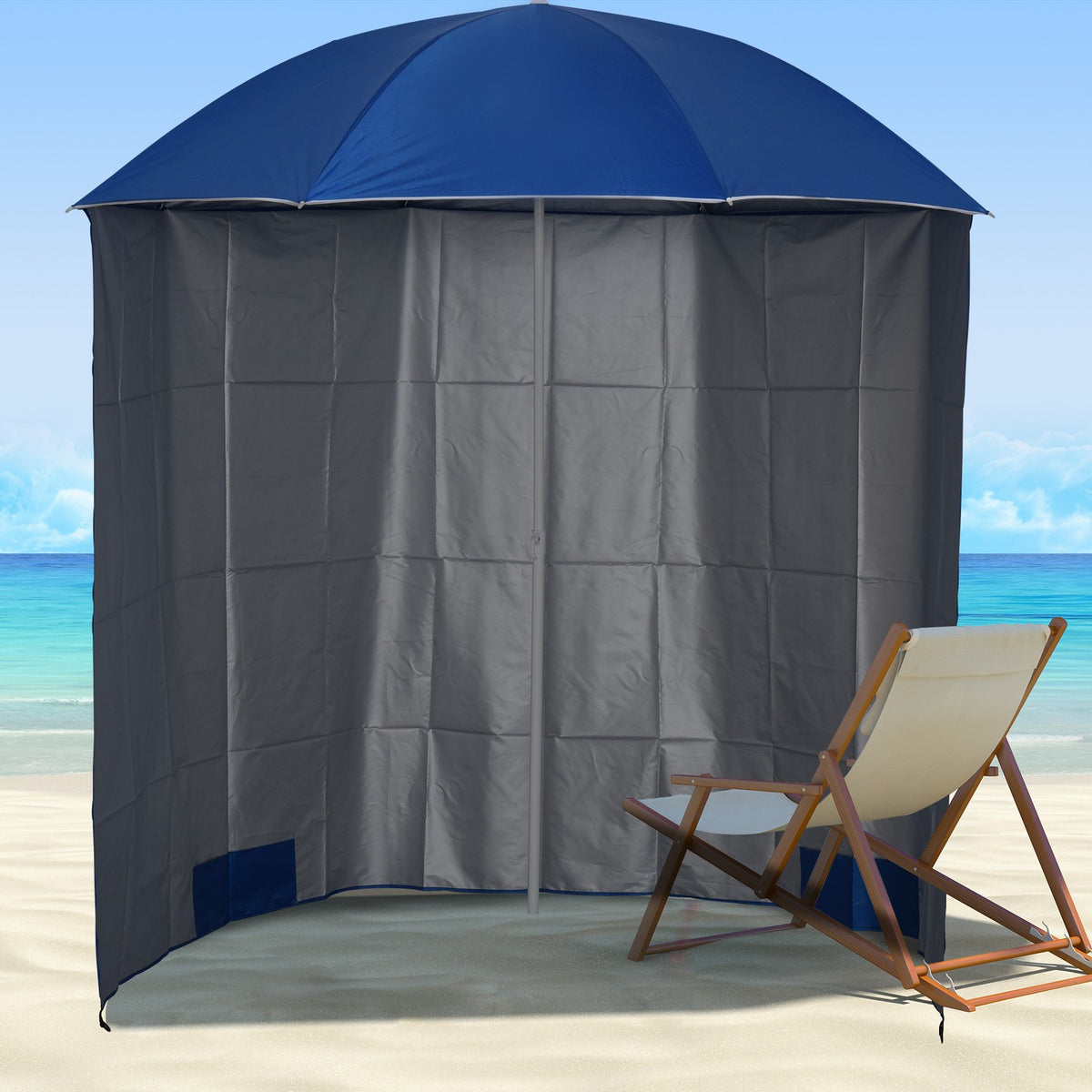 Parasol Beach Umbrella With Side Wall, Polyester, Blue, 2.2Xh2.2M