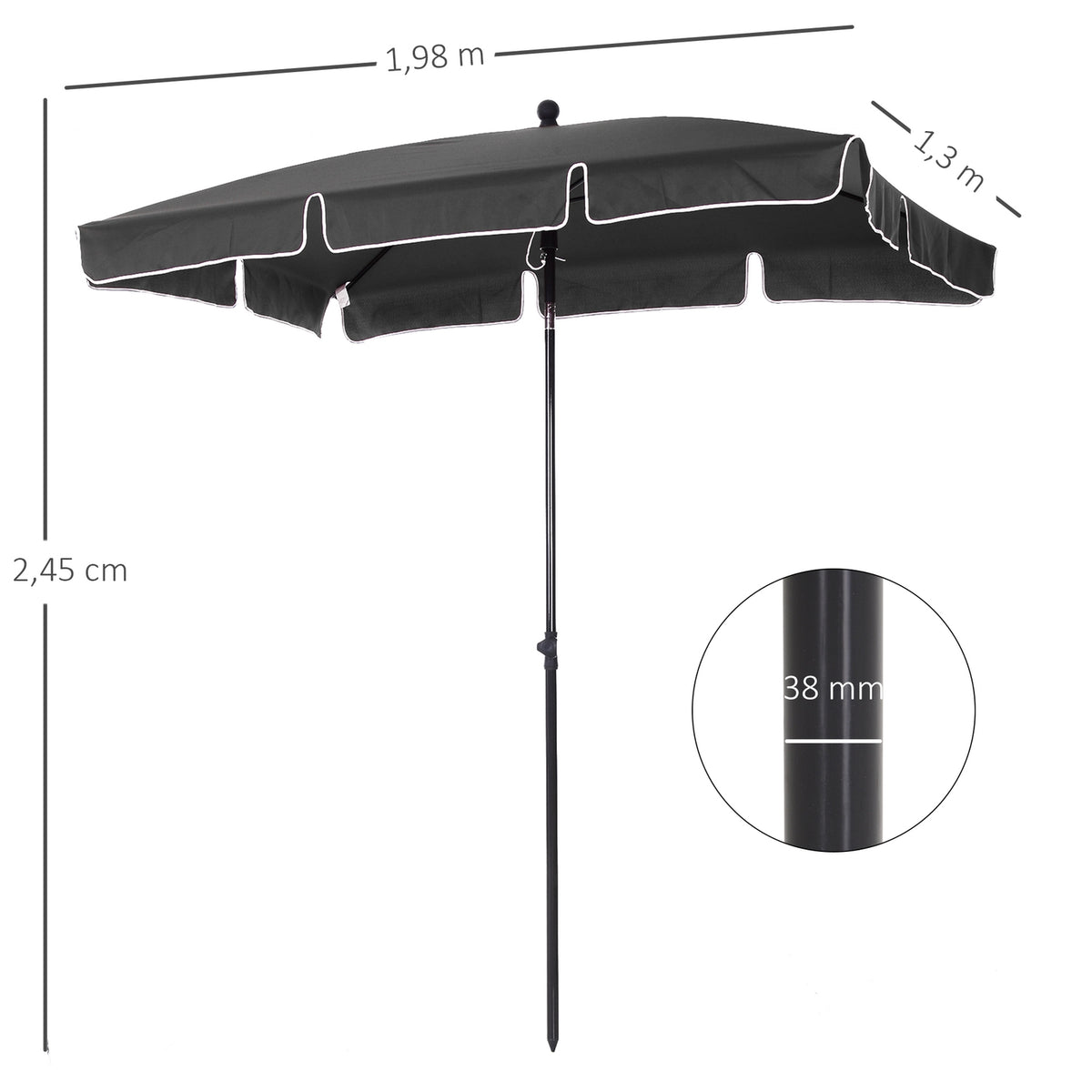 Parasol Beach Umbrella With Uv Protection, Foldable For Garden & Balcony, Gray & Black