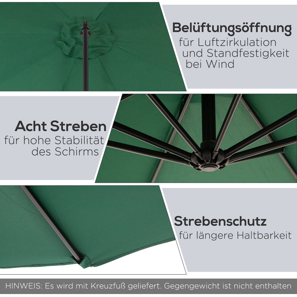Parasol Cantilever Parasol With Crank, Steel Frame & Polyester Fabric, Green, Ø2.95X2.45M