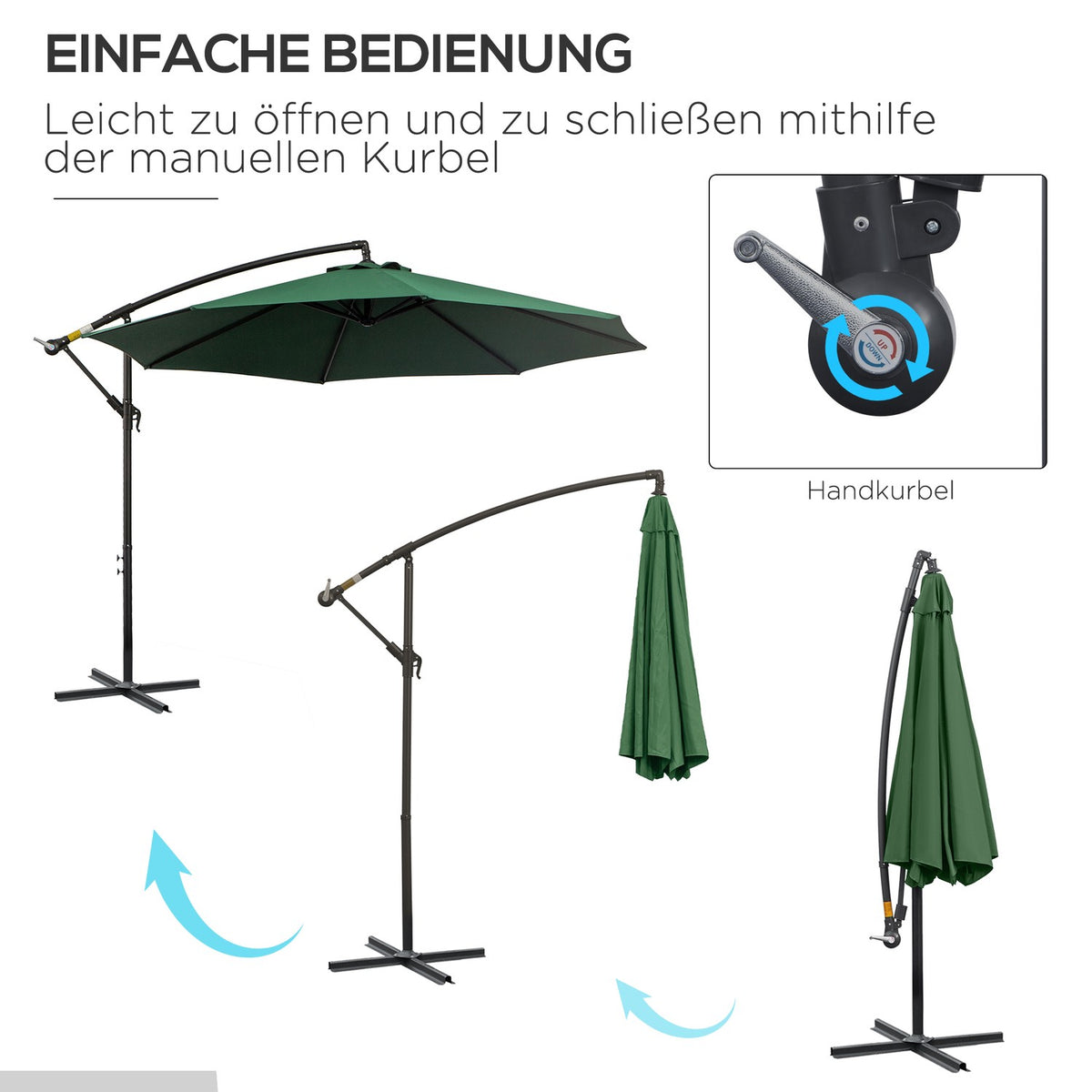 Parasol Cantilever Parasol With Crank, Steel Frame & Polyester Fabric, Green, Ø2.95X2.45M