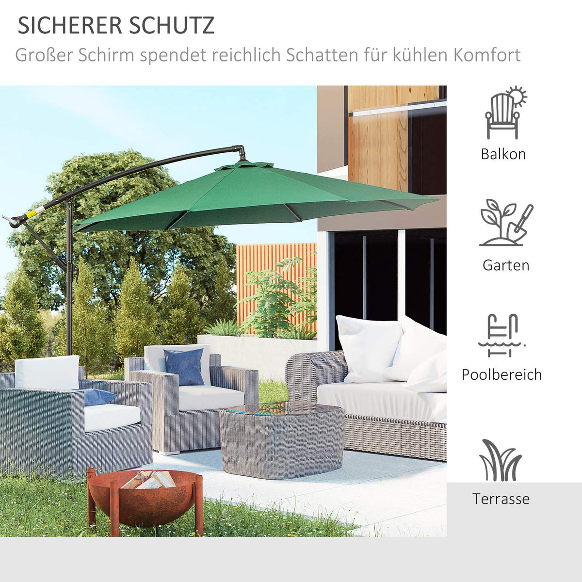 Parasol Cantilever Parasol With Crank, Steel Frame & Polyester Fabric, Green, Ø2.95X2.45M