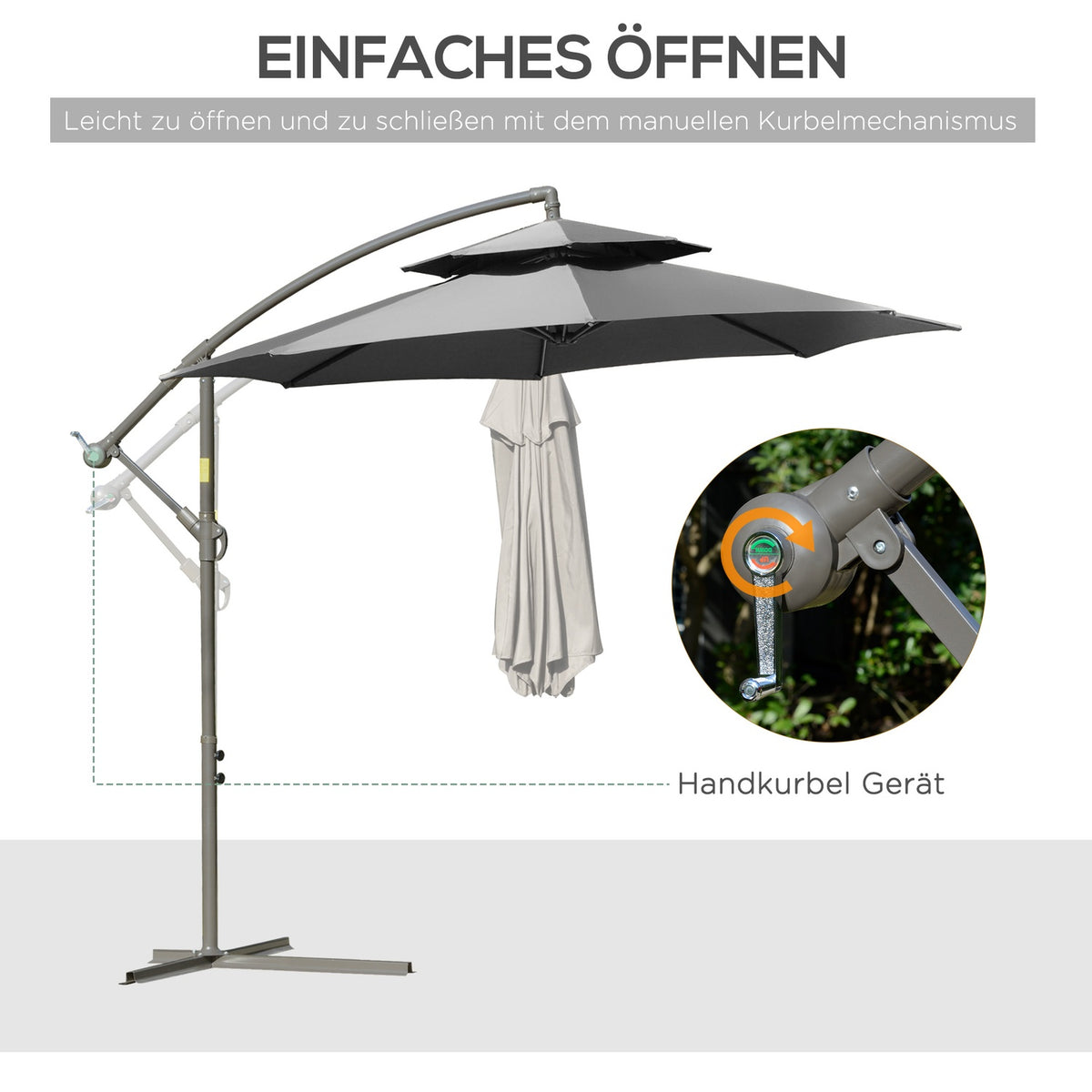 Parasol Cantilever Umbrella Ø2.67 X 2.45 M Crank Umbrella With Double Roof Cross Base Steel Outdoor Sun Protection Polyester Steel Light Gray