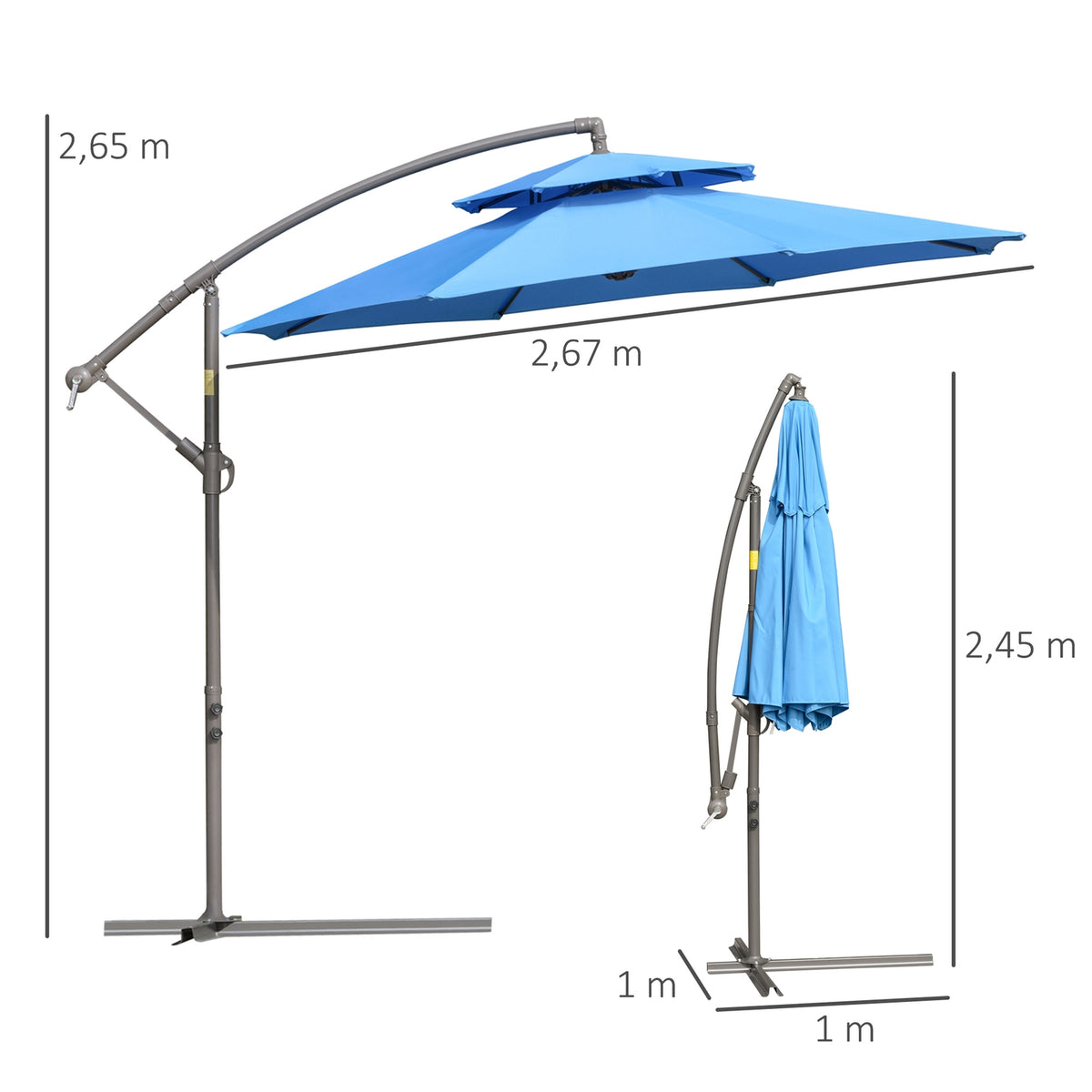 Parasol Cantilever Umbrella Ø2.67 X 2.7 M Crank Umbrella With Double Roof Cross Base Steel Outdoor Sun Protection Polyester Steel Blue