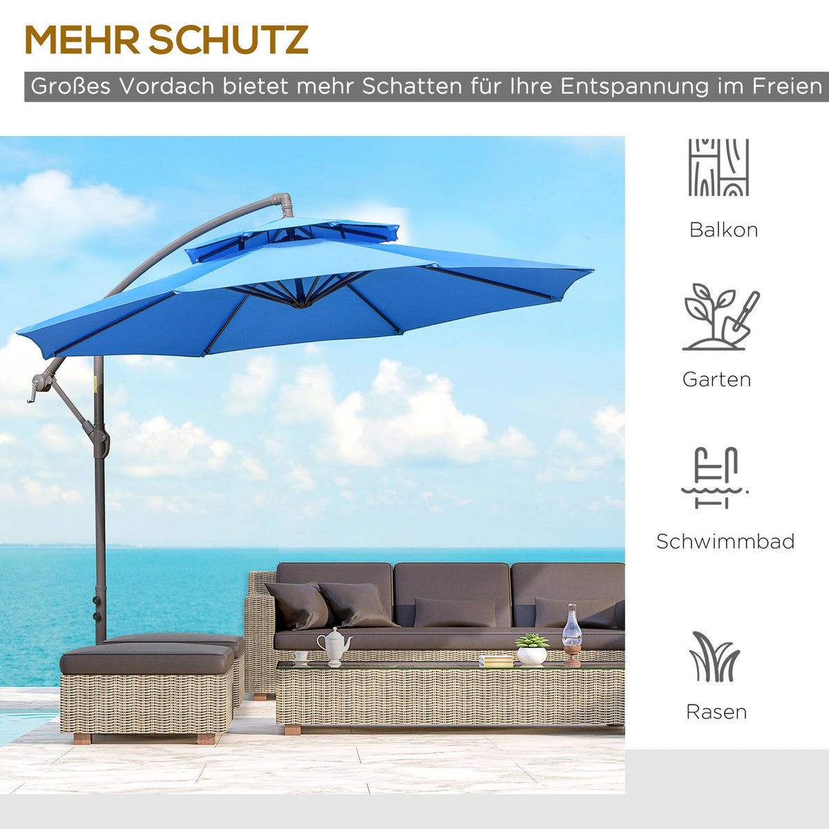 Parasol Cantilever Umbrella Ø2.67 X 2.7 M Crank Umbrella With Double Roof Cross Base Steel Outdoor Sun Protection Polyester Steel Blue