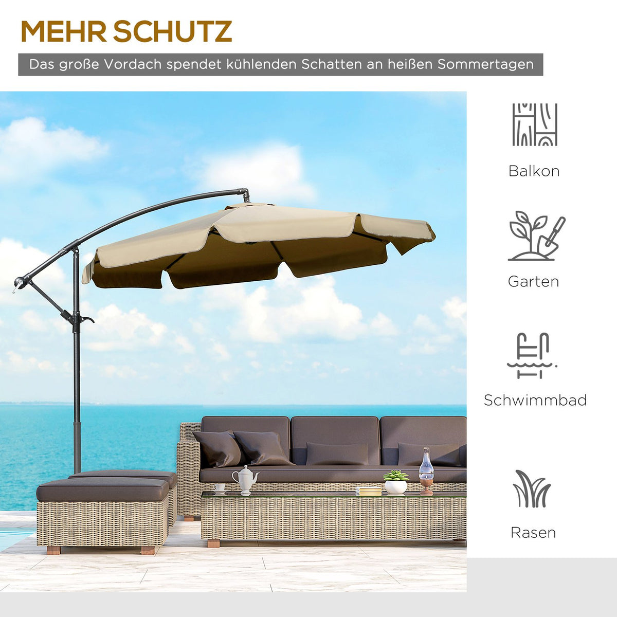 Parasol Cantilever Umbrella With Hand Crank Ruffles Diameter 2.65 X 2.65 H M Garden Umbrella Sun Protection Garden Balcony Coffee