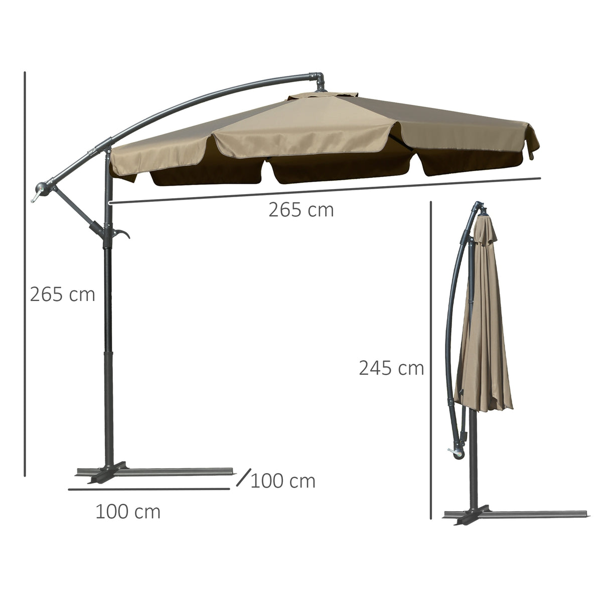 Parasol Cantilever Umbrella With Hand Crank Ruffles Diameter 2.65 X 2.65 H M Garden Umbrella Sun Protection Garden Balcony Coffee
