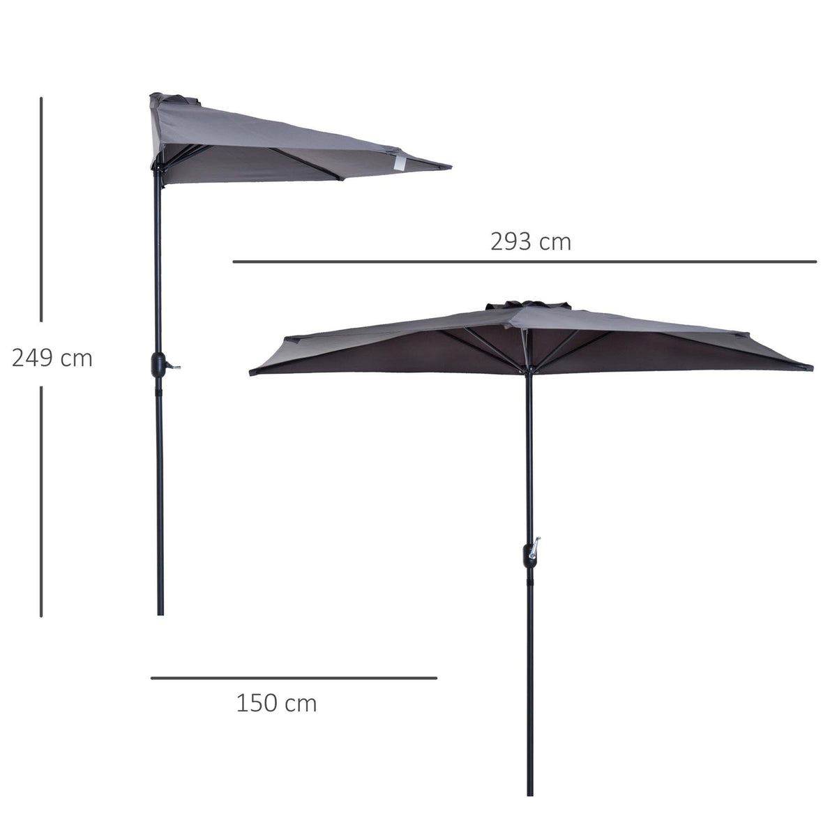 Parasol Crank Umbrella Garden Umbrella Market Umbrella Metal Half Round Gray + Black