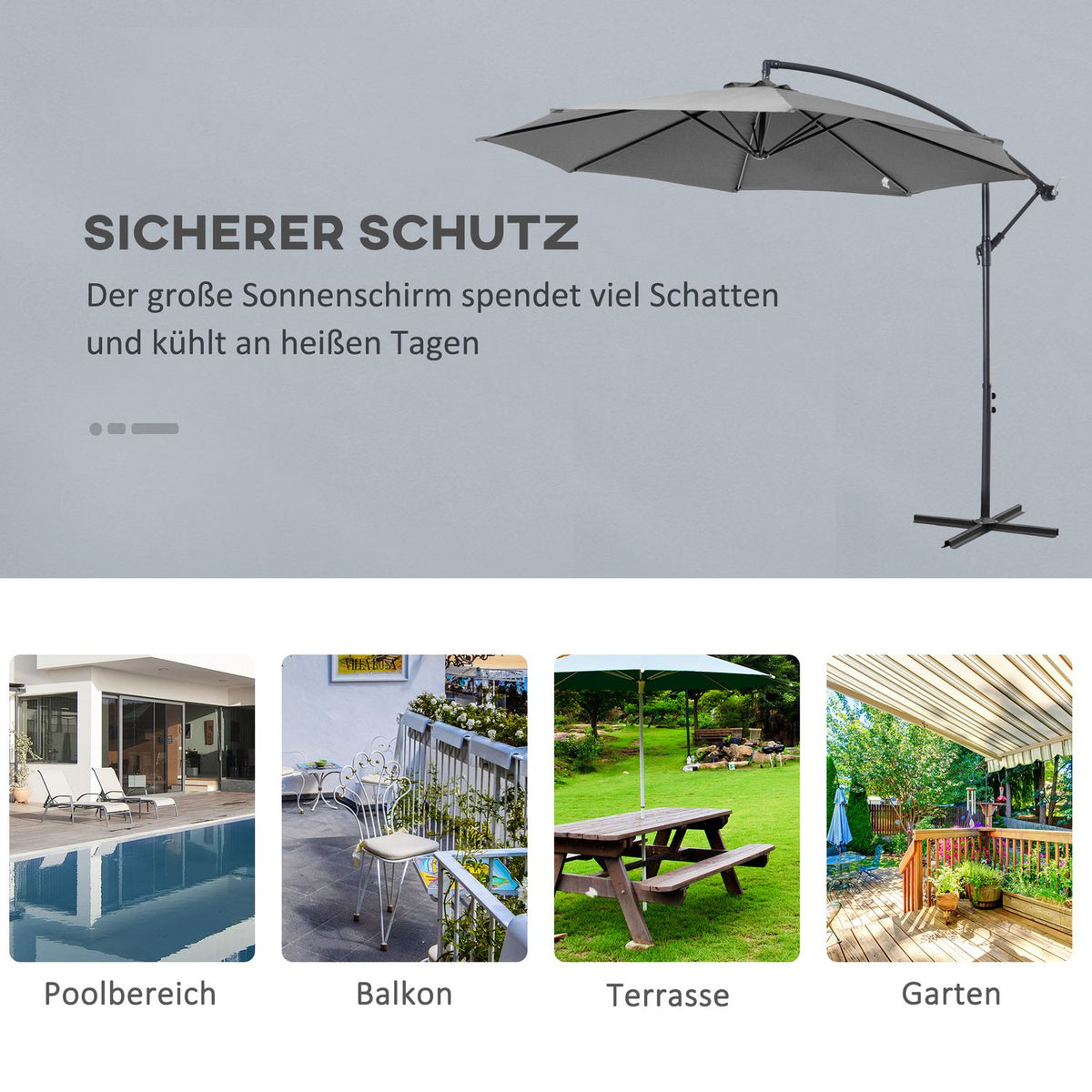 Parasol Crank Umbrella With Steel Frame & Polyester Fabric, Gray, Ø2.95X2.45M