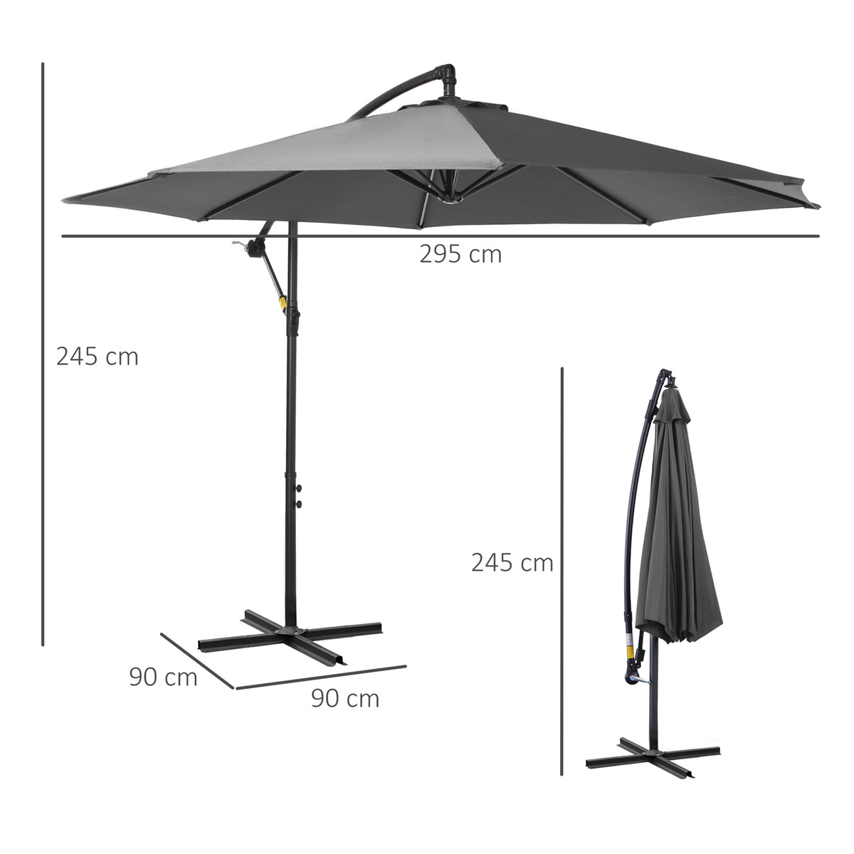 Parasol Crank Umbrella With Steel Frame & Polyester Fabric, Gray, Ø2.95X2.45M