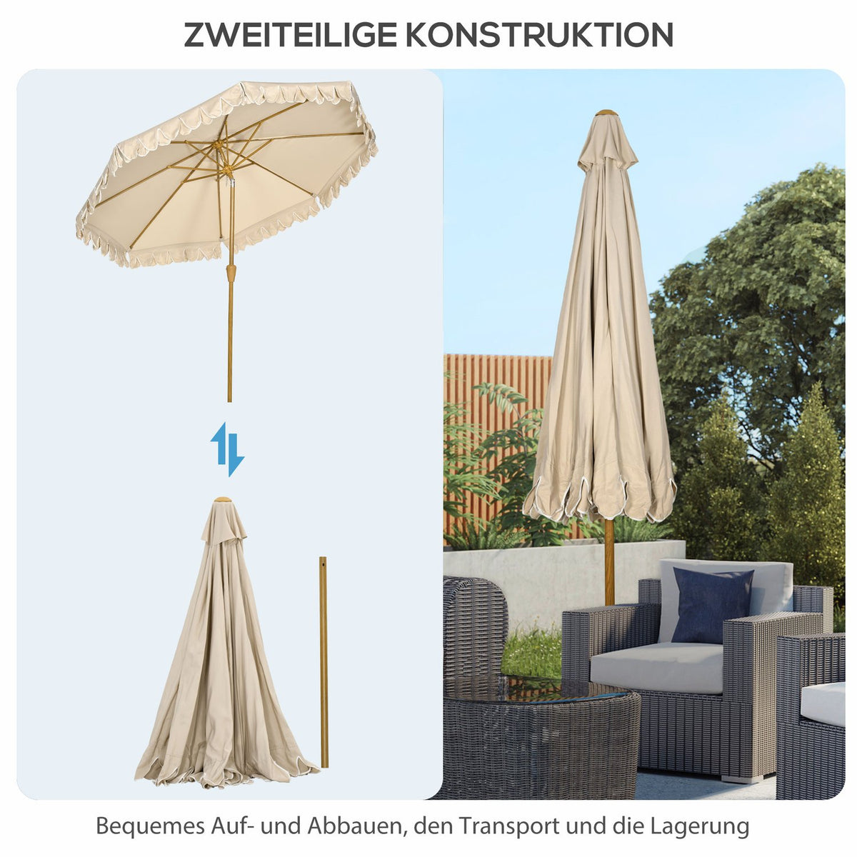 Parasol Diameter 265 Cm Beach Umbrella With Fringes Patio Umbrella With Adjustable Tilt 8 Struts For Garden Balcony Khaki
