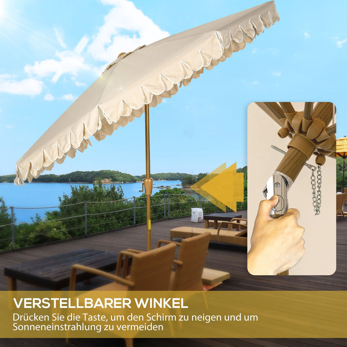 Parasol Diameter 265 Cm Beach Umbrella With Fringes Patio Umbrella With Adjustable Tilt 8 Struts For Garden Balcony Khaki