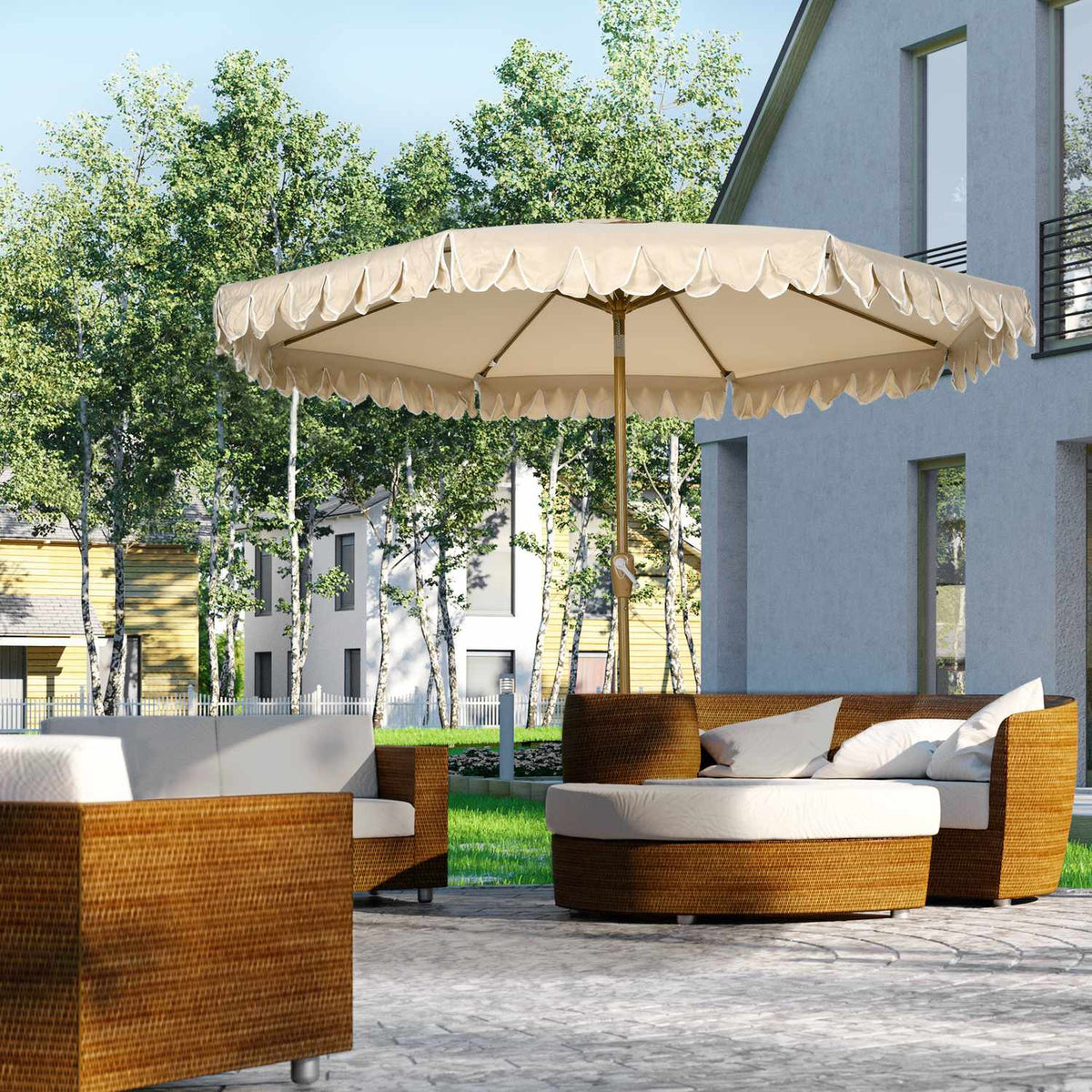 Parasol Diameter 265 Cm Beach Umbrella With Fringes Patio Umbrella With Adjustable Tilt 8 Struts For Garden Balcony Khaki