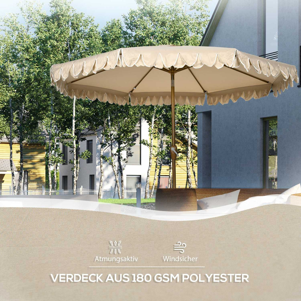Parasol Diameter 265 Cm Beach Umbrella With Fringes Patio Umbrella With Adjustable Tilt 8 Struts For Garden Balcony Khaki