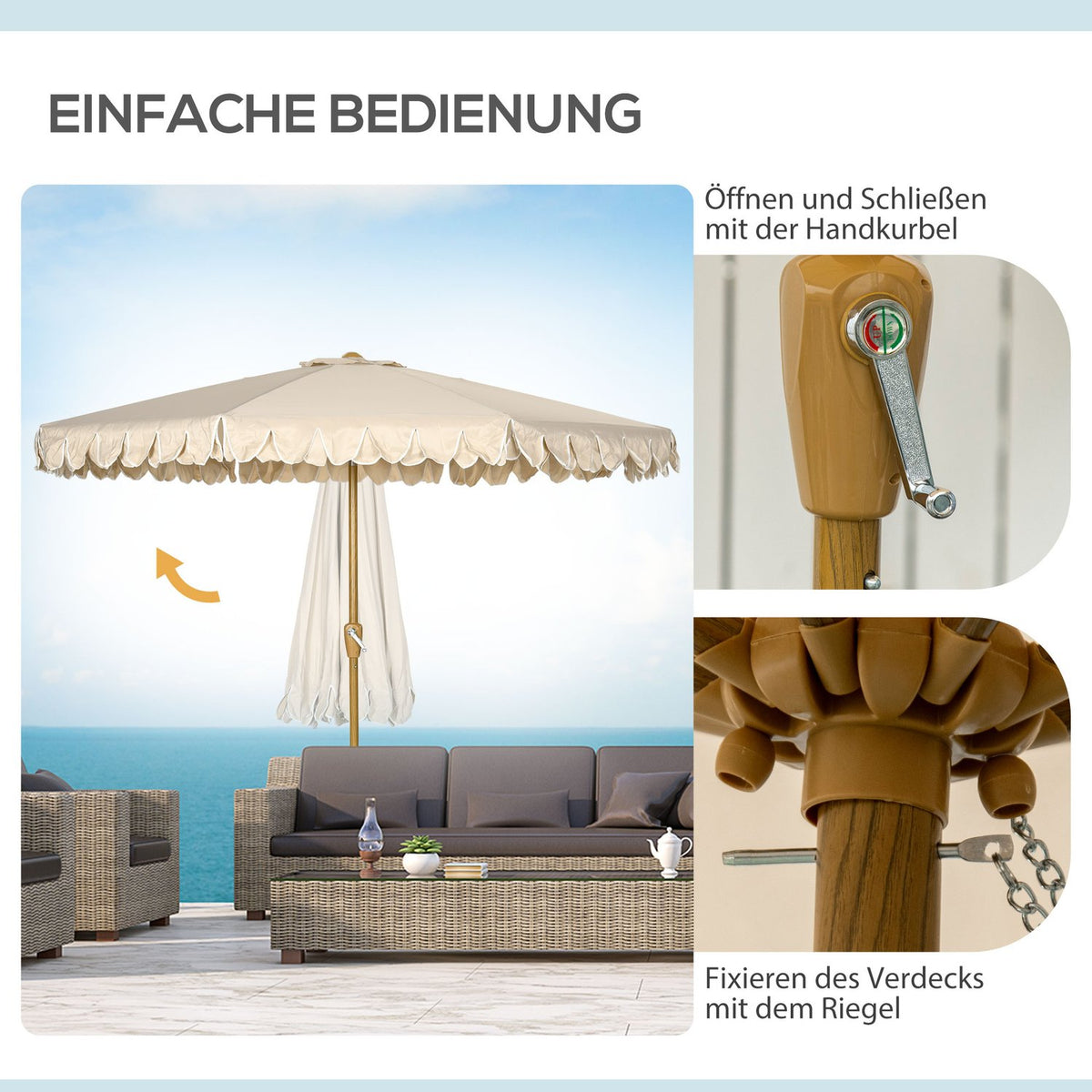 Parasol Diameter 265 Cm Beach Umbrella With Fringes Patio Umbrella With Adjustable Tilt 8 Struts For Garden Balcony Khaki