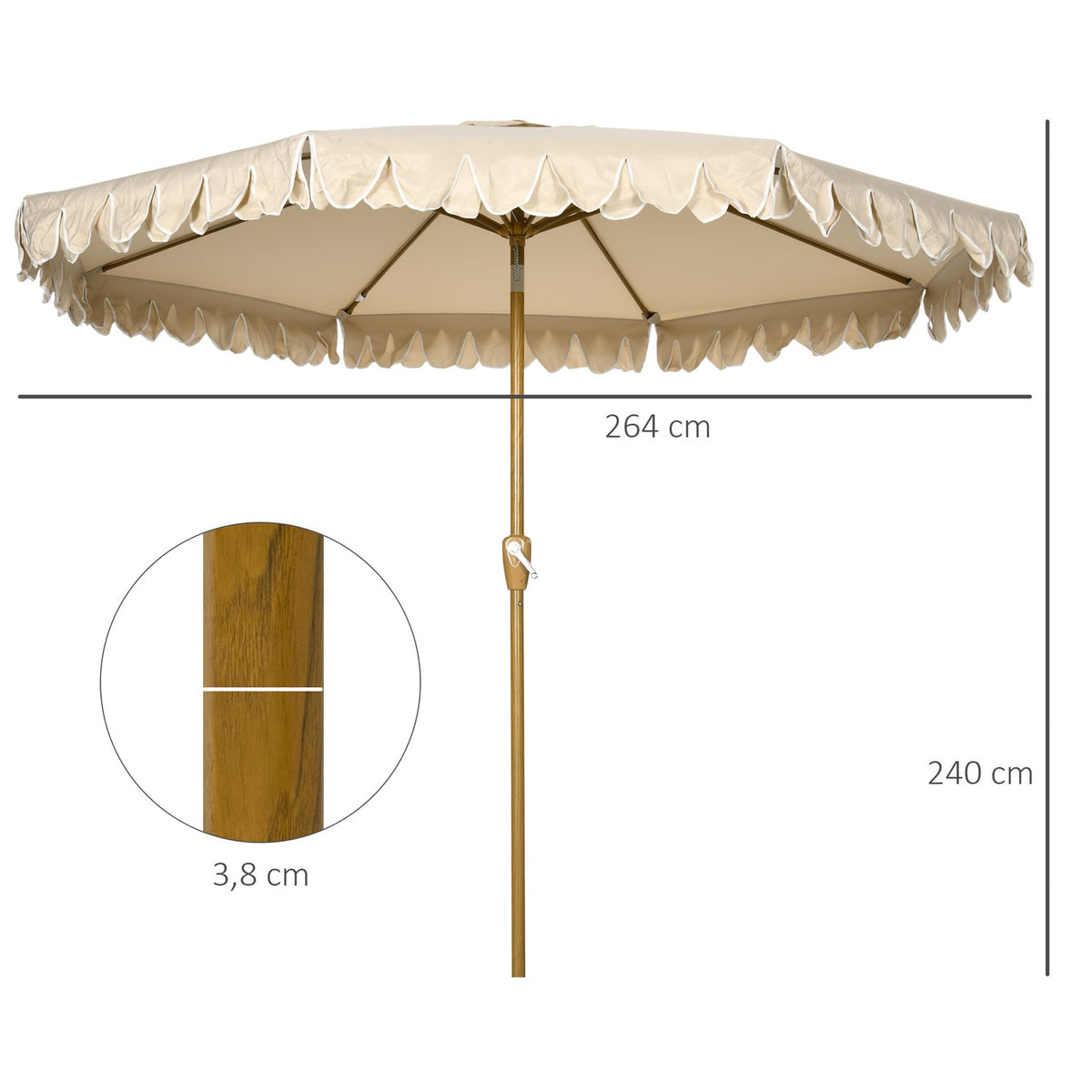 Parasol Diameter 265 Cm Beach Umbrella With Fringes Patio Umbrella With Adjustable Tilt 8 Struts For Garden Balcony Khaki