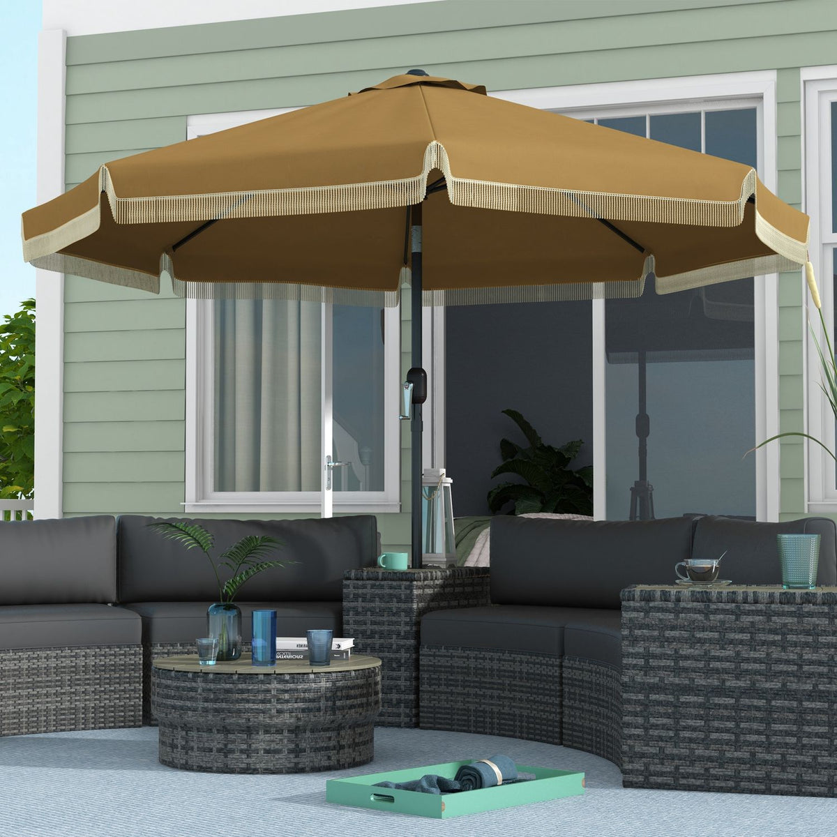 Parasol Diameter 265 Cm Patio Umbrella With Fringes Tilting Beach Umbrella With 8 Ribs For Garden Balcony Khaki