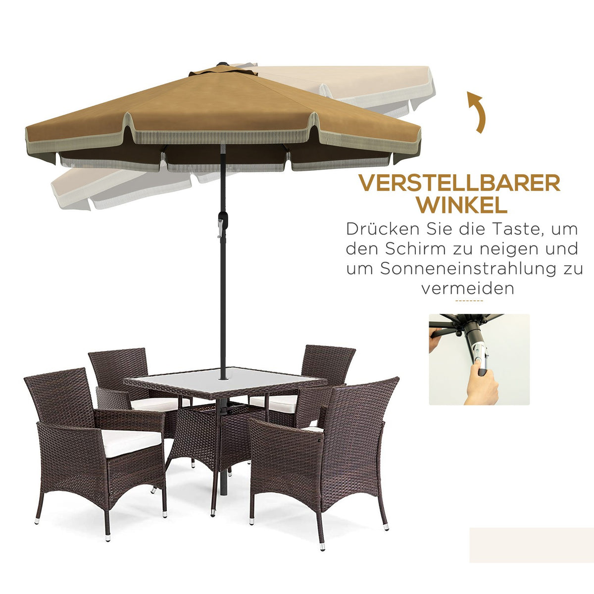 Parasol Diameter 265 Cm Patio Umbrella With Fringes Tilting Beach Umbrella With 8 Ribs For Garden Balcony Khaki