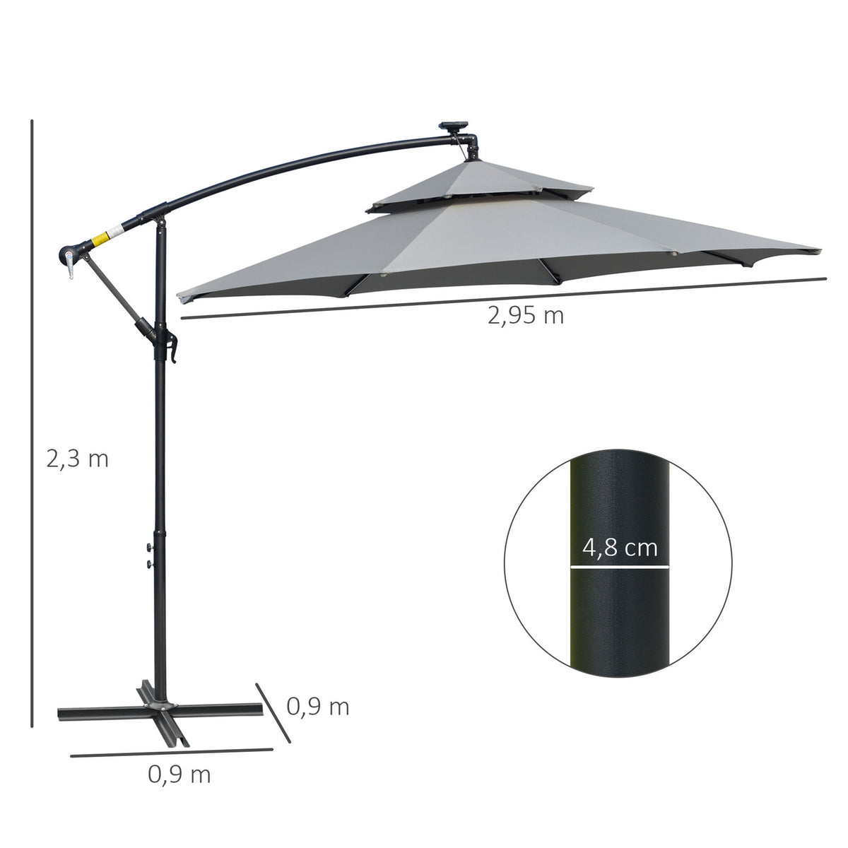 Parasol Diameter 295 Cm Led Solar Parasol With Stand Market Umbrella Water-Repellent For Garden Patio Aluminum Light Gray