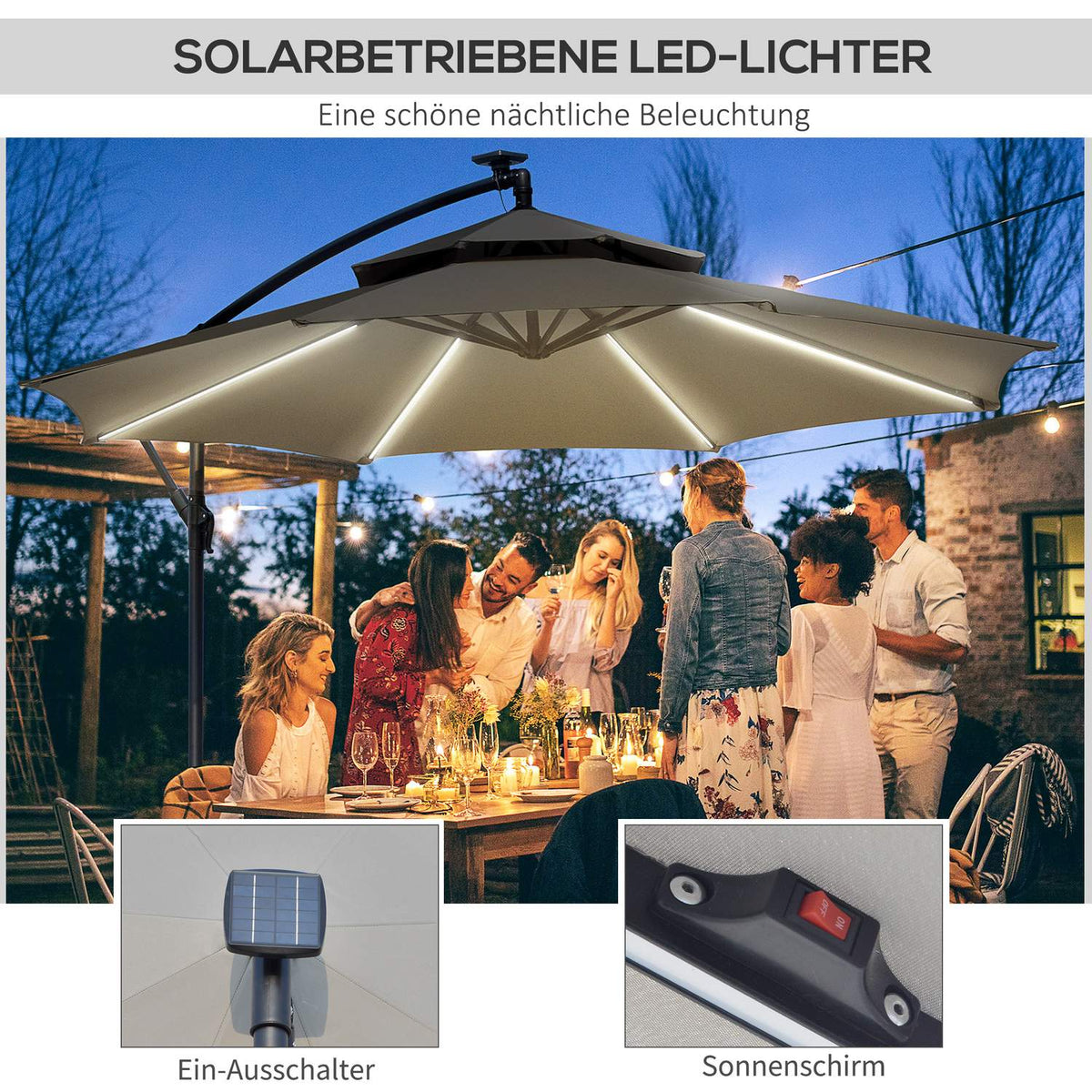 Parasol Diameter 295 Cm Led Solar Parasol With Stand Market Umbrella Water-Repellent For Garden Patio Aluminum Light Gray