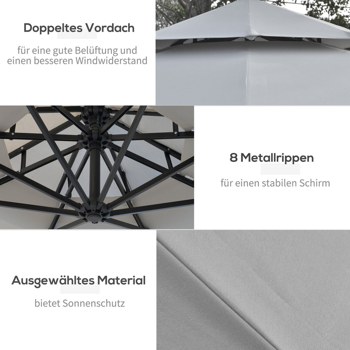 Parasol Diameter 295 Cm Led Solar Parasol With Stand Market Umbrella Water-Repellent For Garden Patio Aluminum Light Gray
