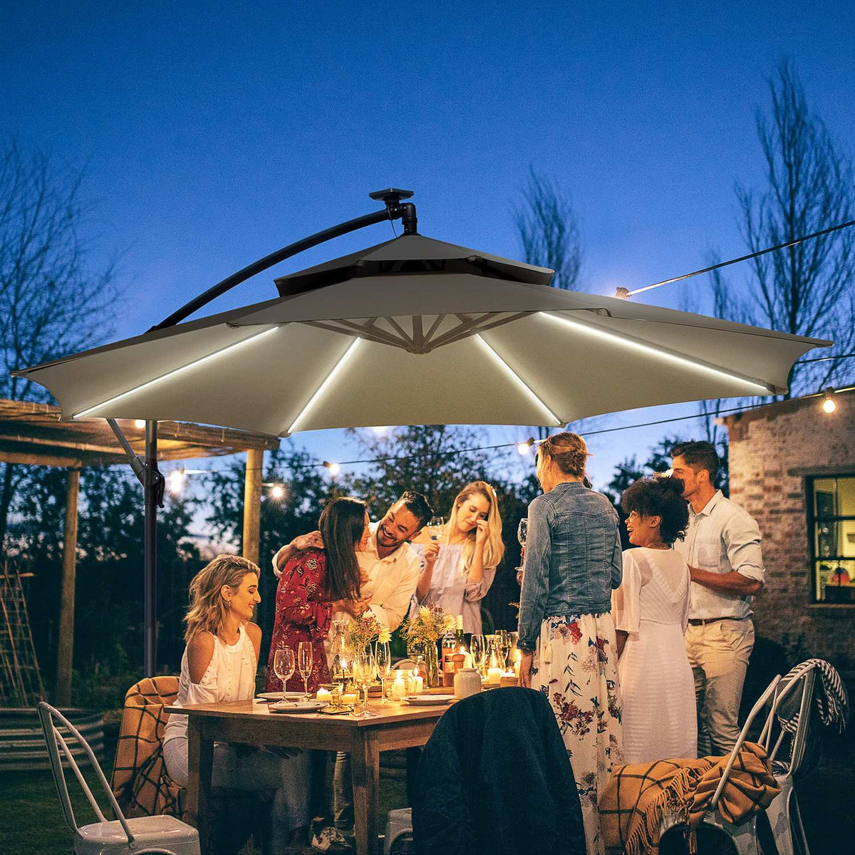 Parasol Diameter 295 Cm Led Solar Parasol With Stand Market Umbrella Water-Repellent For Garden Patio Aluminum Light Gray