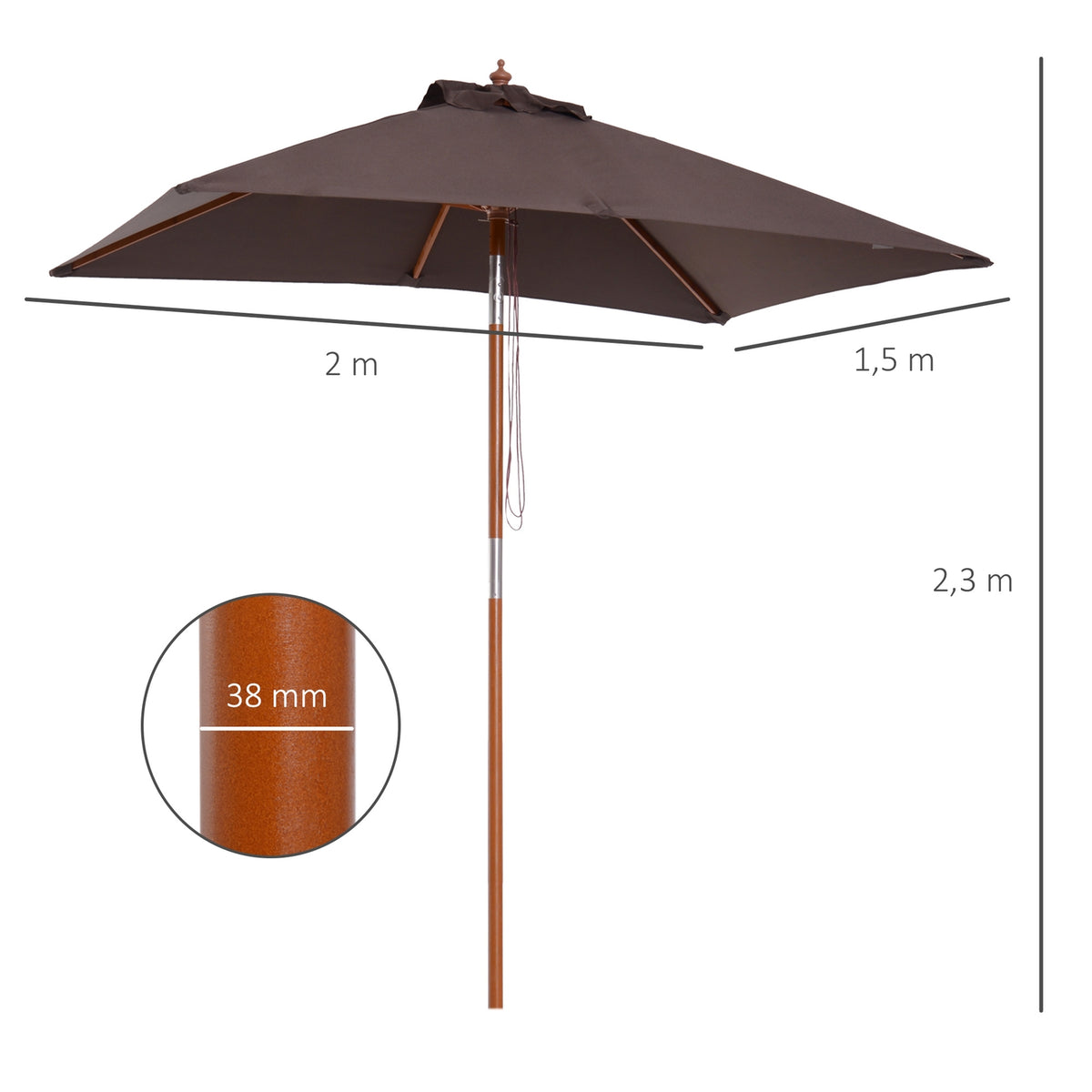 Parasol Foldable Garden Umbrella Beach Umbrella 3-Level Adjustable Fir Wood + Polyester Coffee 200 X 150 X 230 Cm
